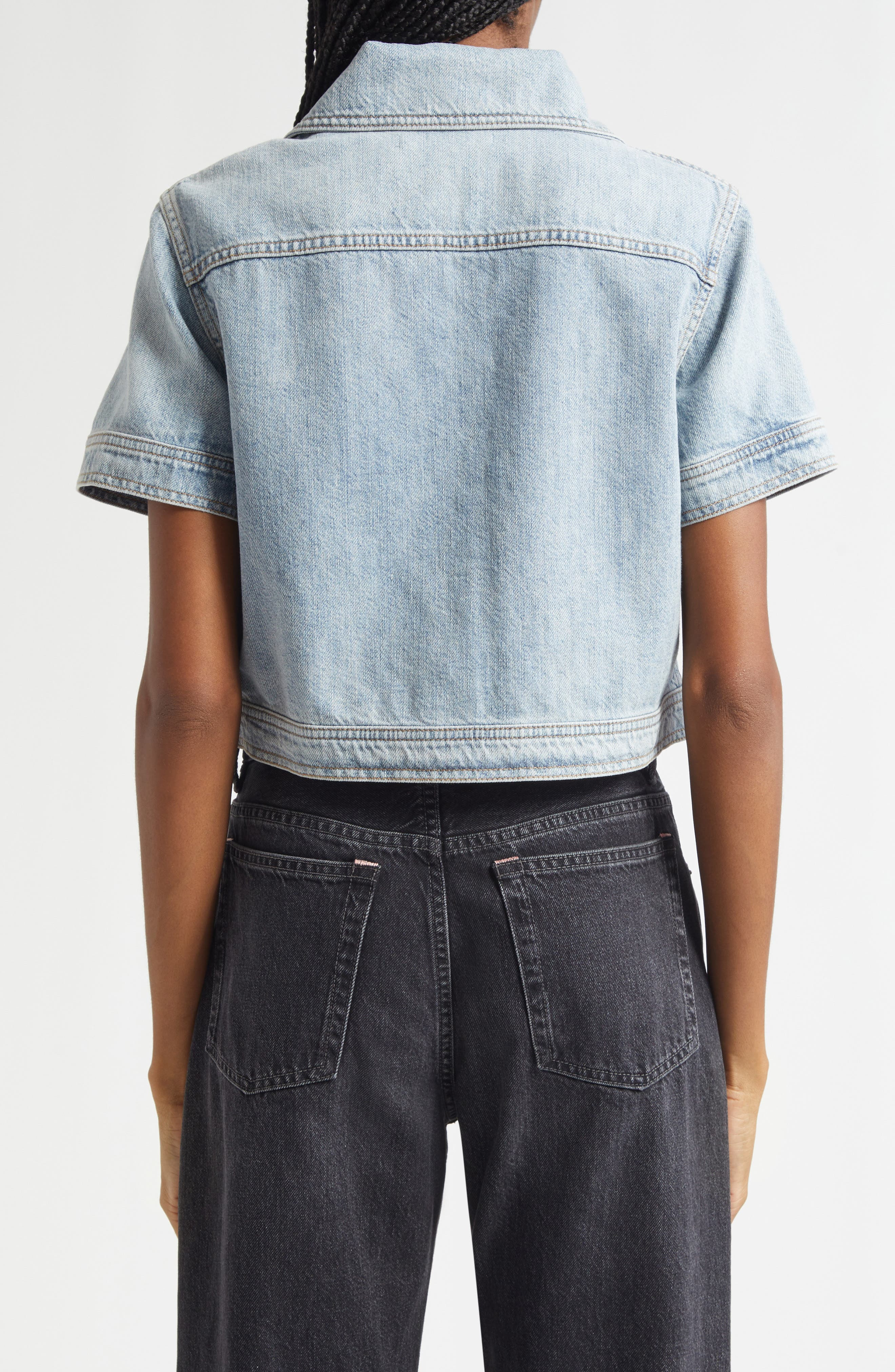 Alice + Olivia Tesha Crop Denim Button-Up Shirt in Rockstar Blue at Nordstrom - 2