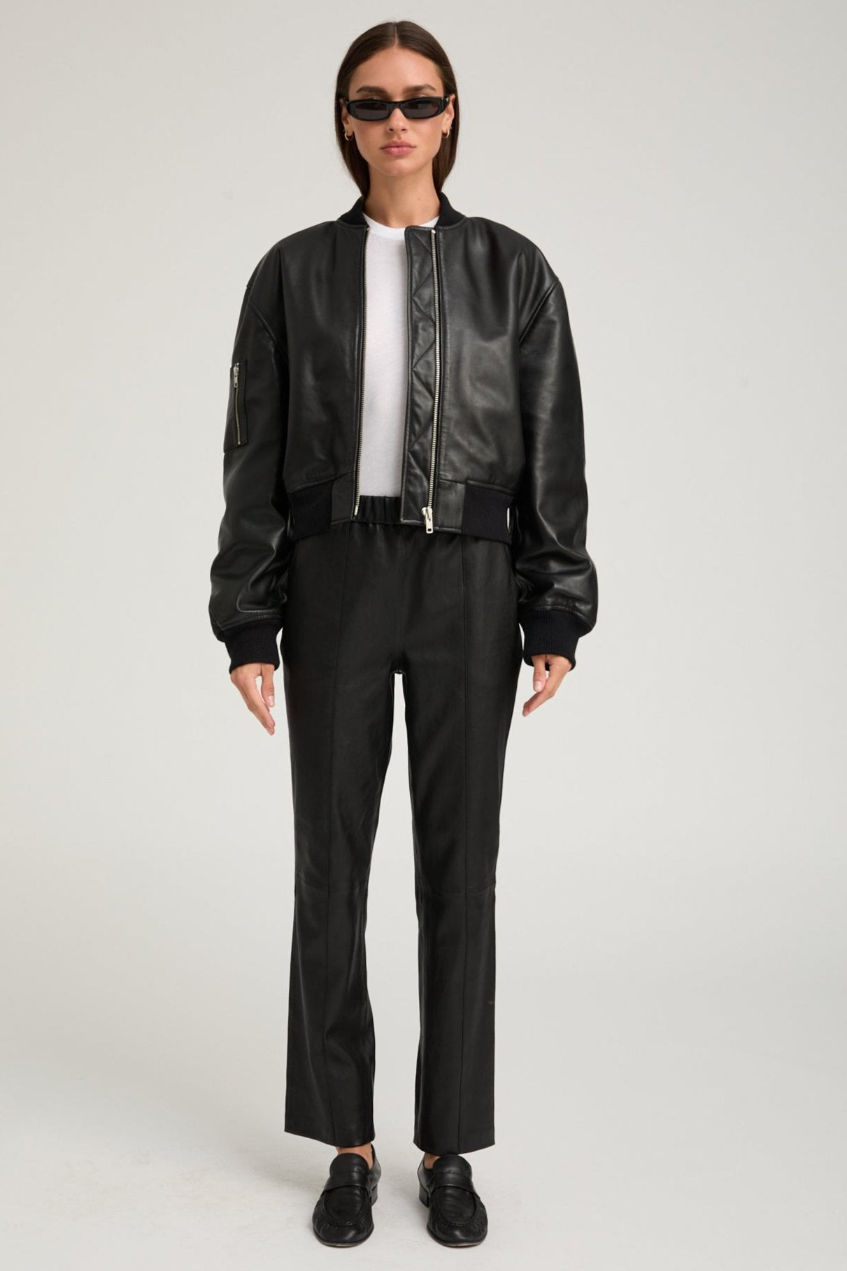 BLACK LEATHER SOPHIA PINTUCK JOGGERS - 8