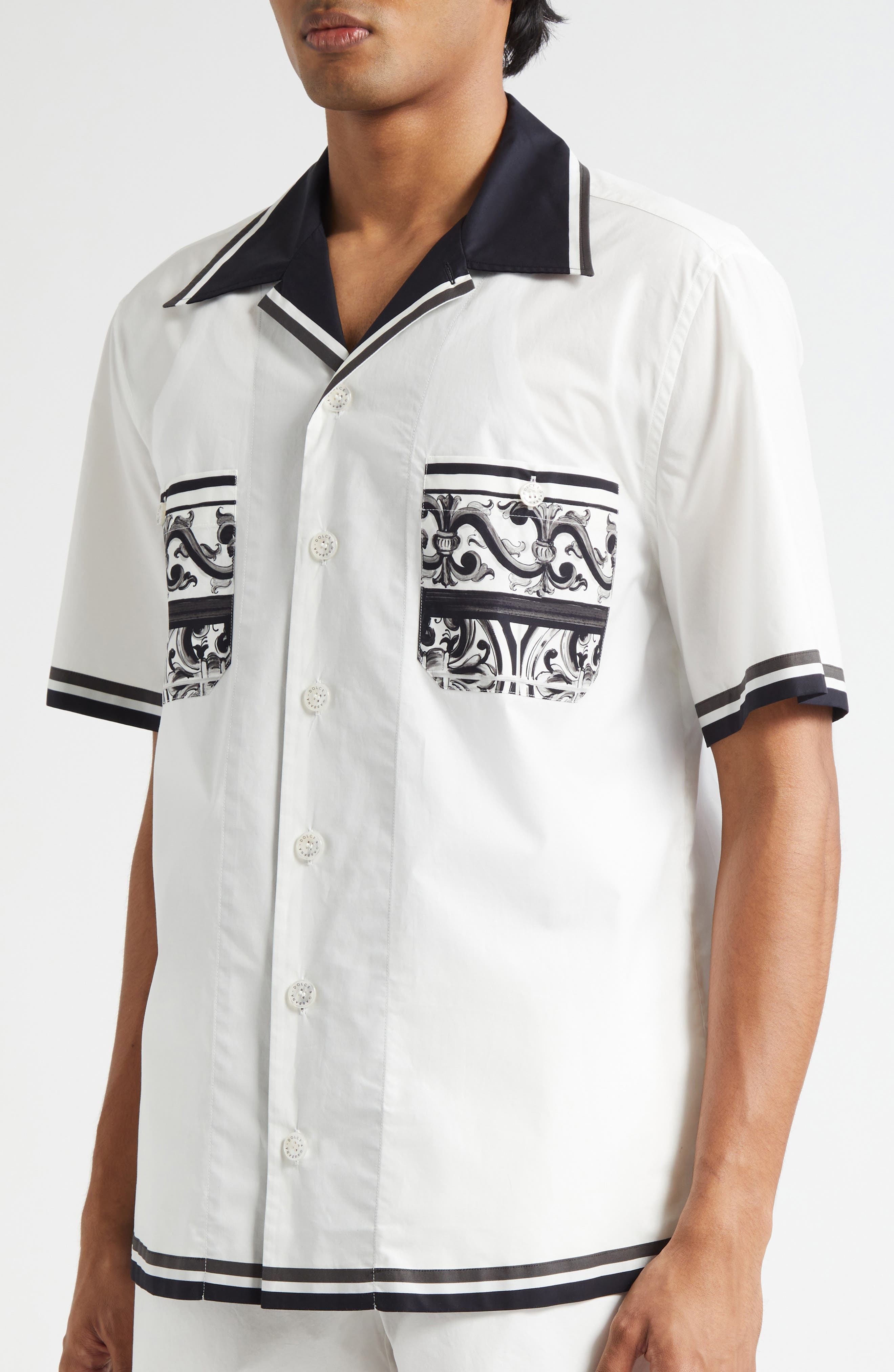 Dolce&Gabbana Majolica Print Cotton Poplin Camp Shirt in Hx5Dq Maiolica 3L Nero at Nordstrom - 5