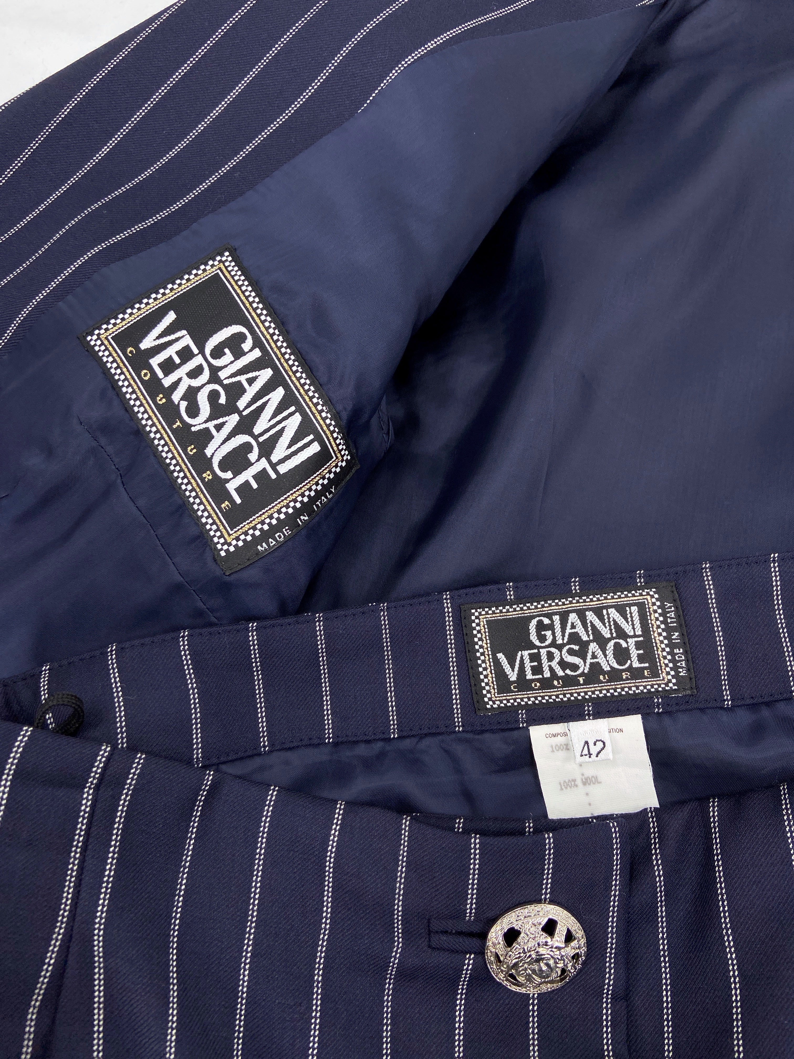 Gianni Versace Spring 1995 Navy Double Pinstriped Wrap Skirt Suit 42 - 18