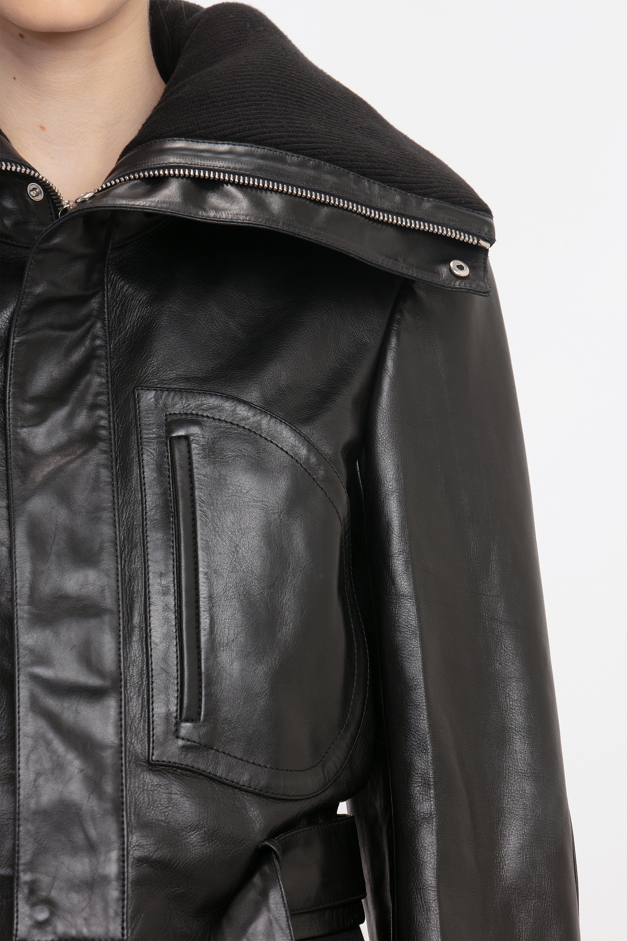 Cropped Belted Leather Biker Jacket In Black - 5