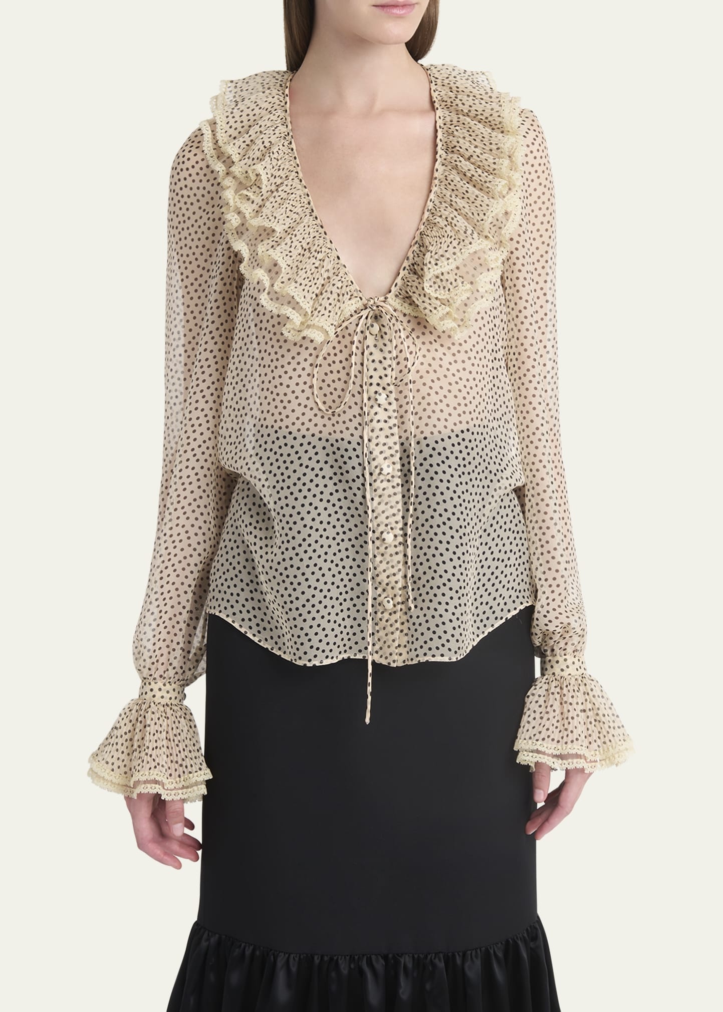 Micro Polka Dot Ruffle Chiffon Blouse - 4