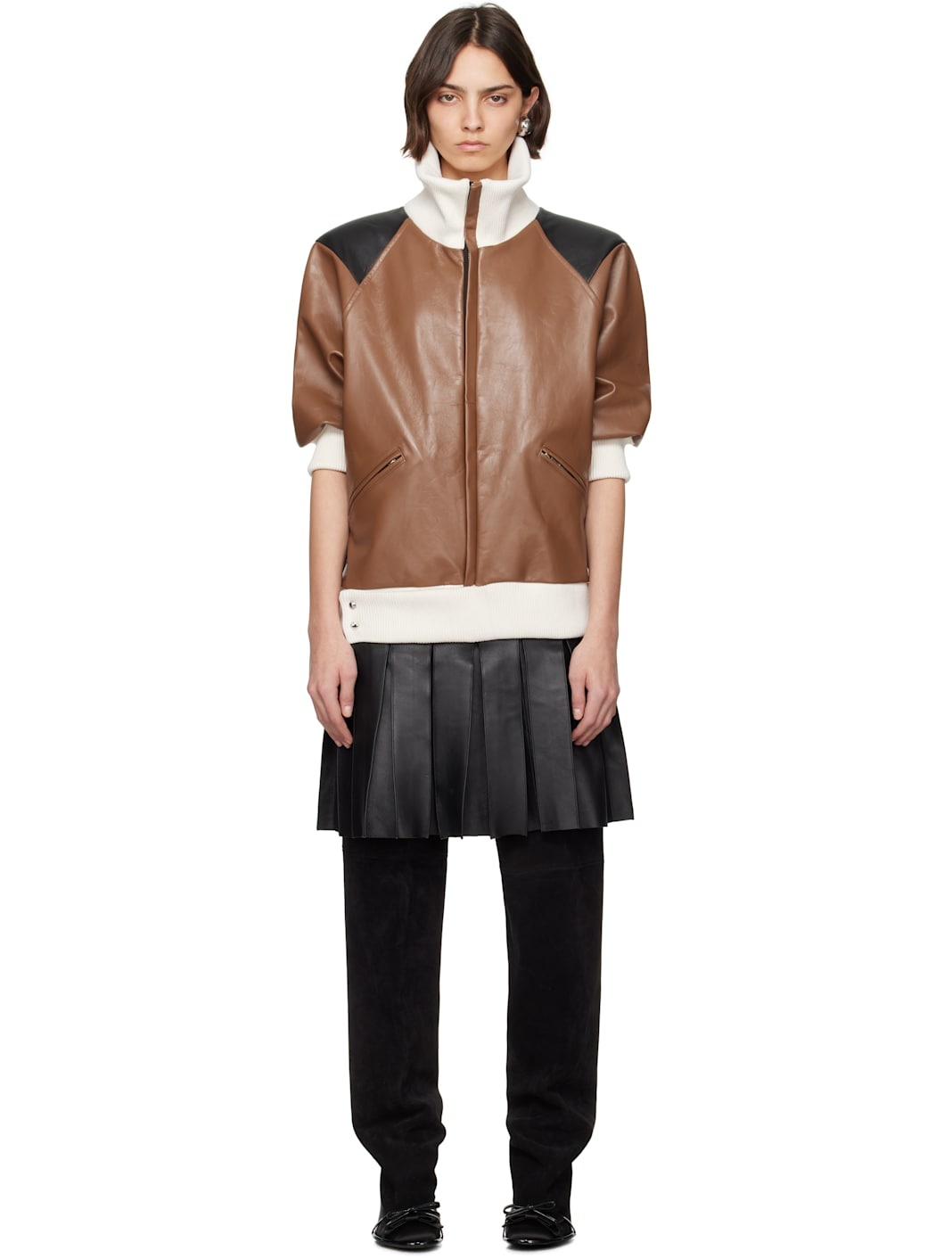 Brown & Black Leather Bomber Minidress - 1