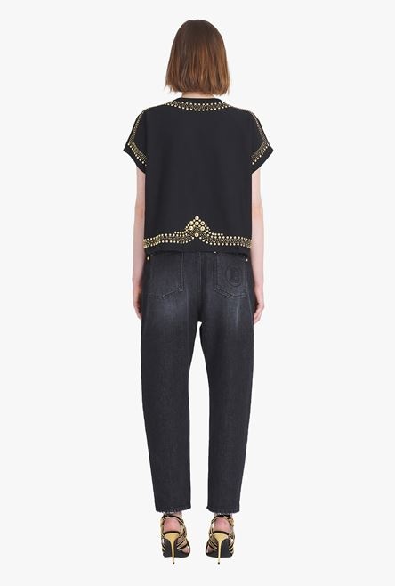 Cropped black eco-designed cotton T-shirt with embroidered gold-tone studs - 3