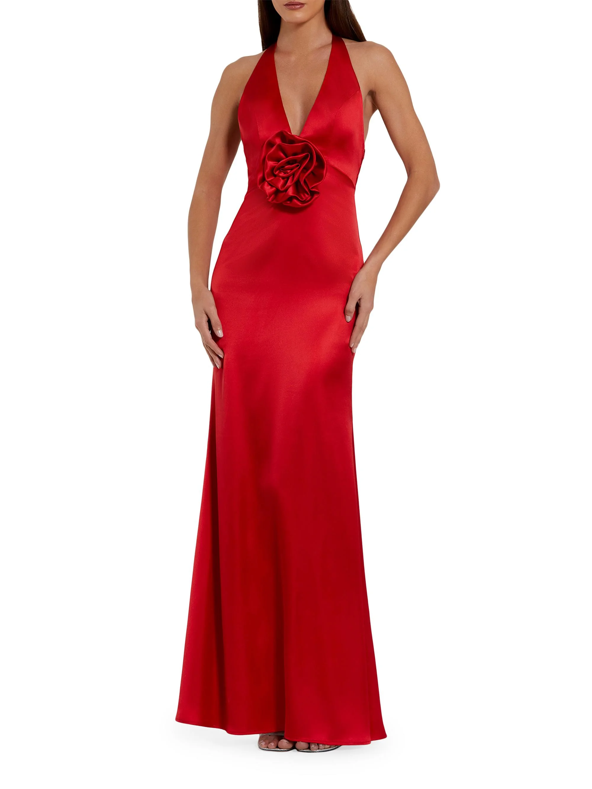 Women's Satin Rosette V-Neck Slip Gown - Red - 1