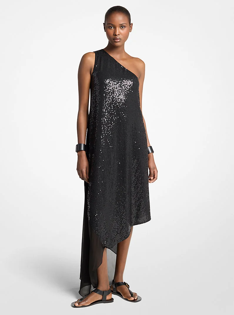 Hand-Embroidered Sequin Silk Georgette Asymmetric Dress - 1