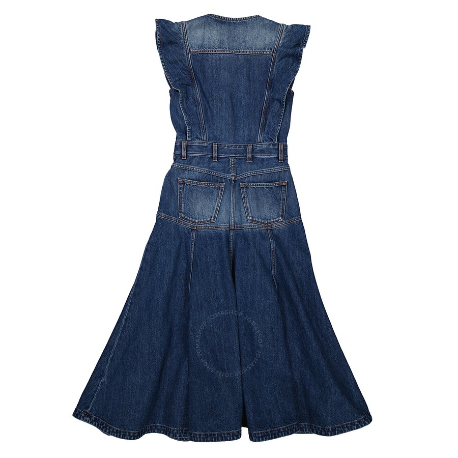 Chloe Ladies Dusky Blue Ruffled Pleated Denim Dress - 7