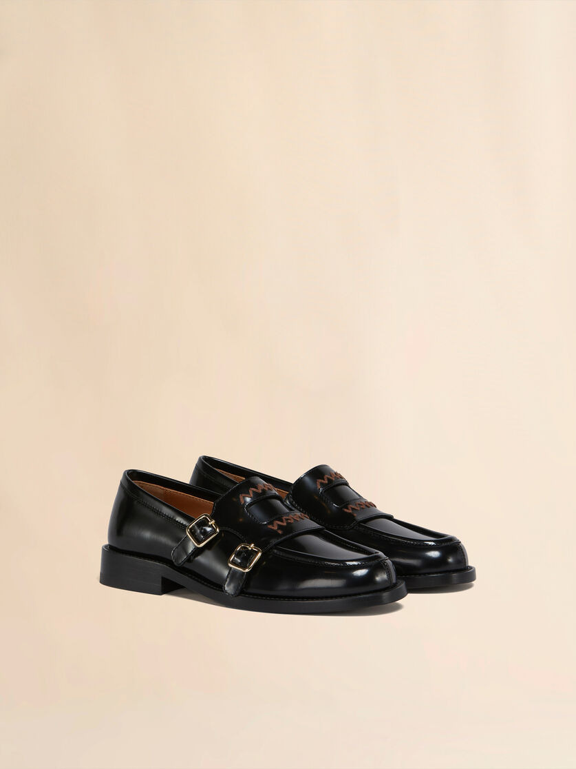 BLACK LEATHER BAMBI 3.0 LOAFER WITH DOUBLE BUCKLE - 2