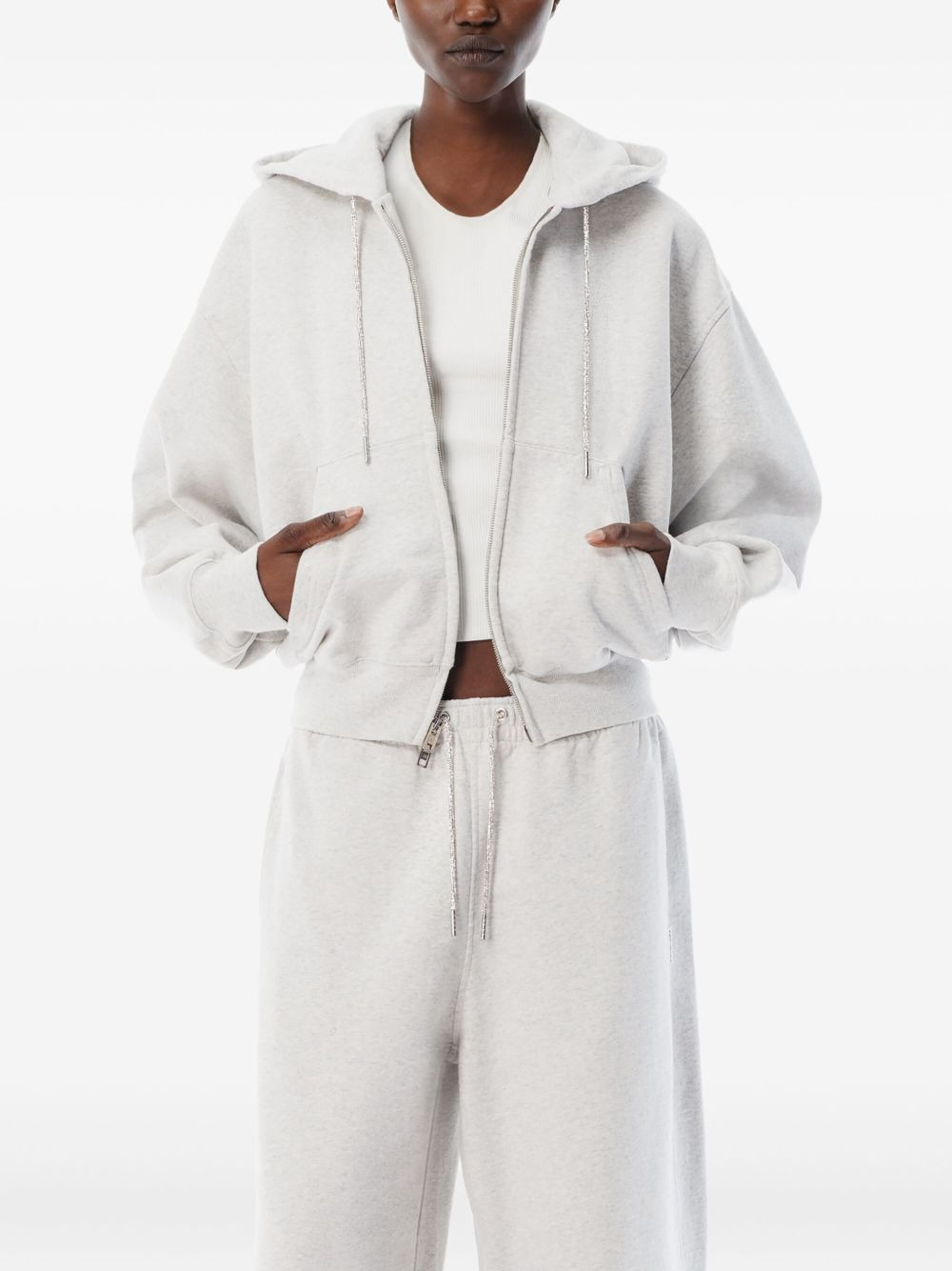 rhinestone-drawcord zip-up hoodie - 4