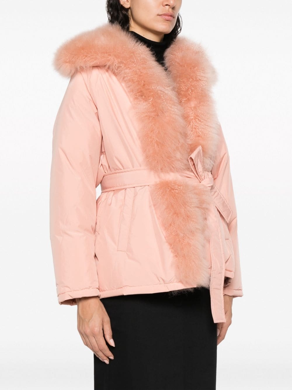 shearling-trim belted down jacket - 3