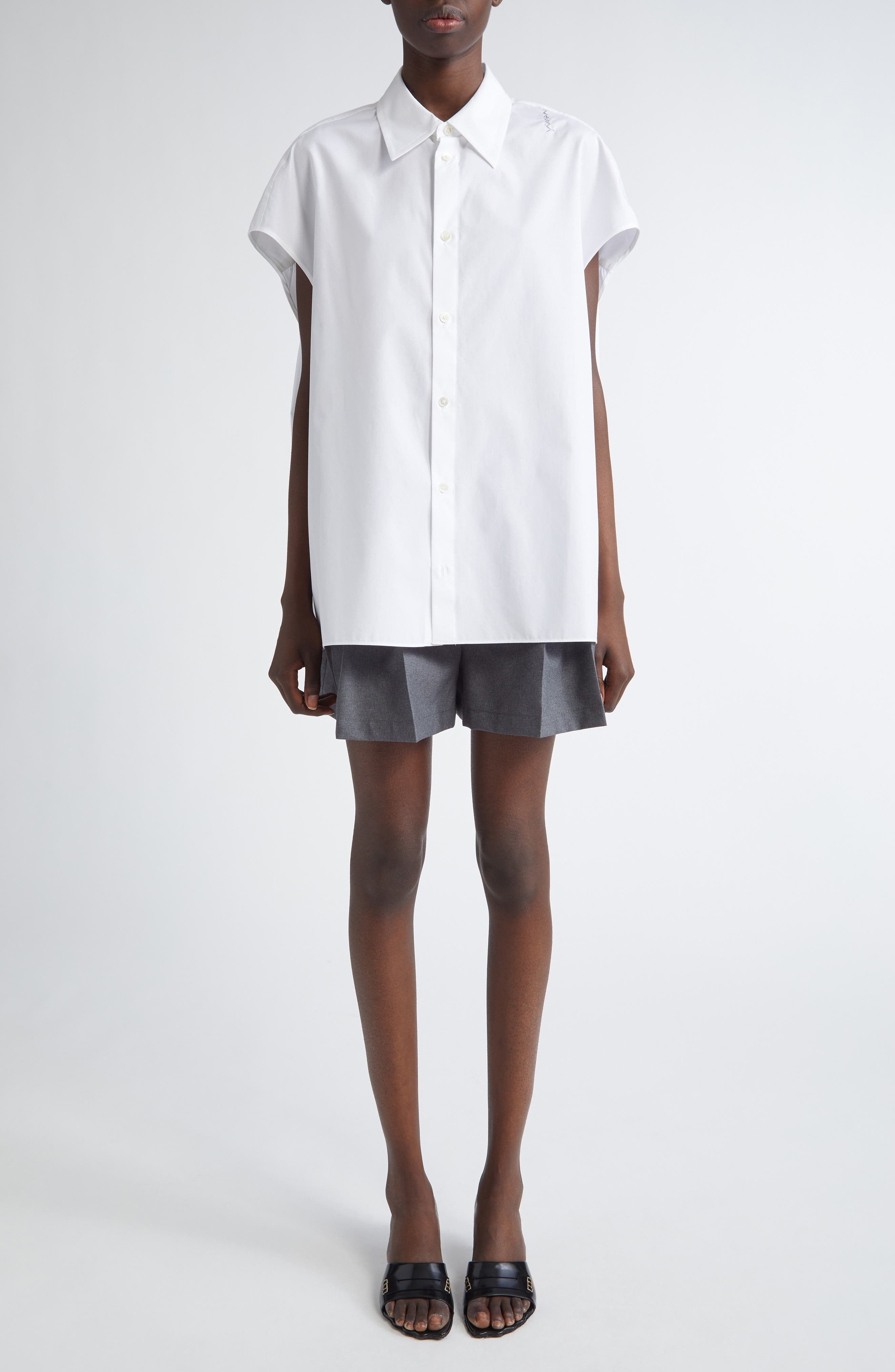 Marni Embroidered Logo Sleeveless Cotton Poplin Cocoon Shirt in Lily/White at Nordstrom - 2