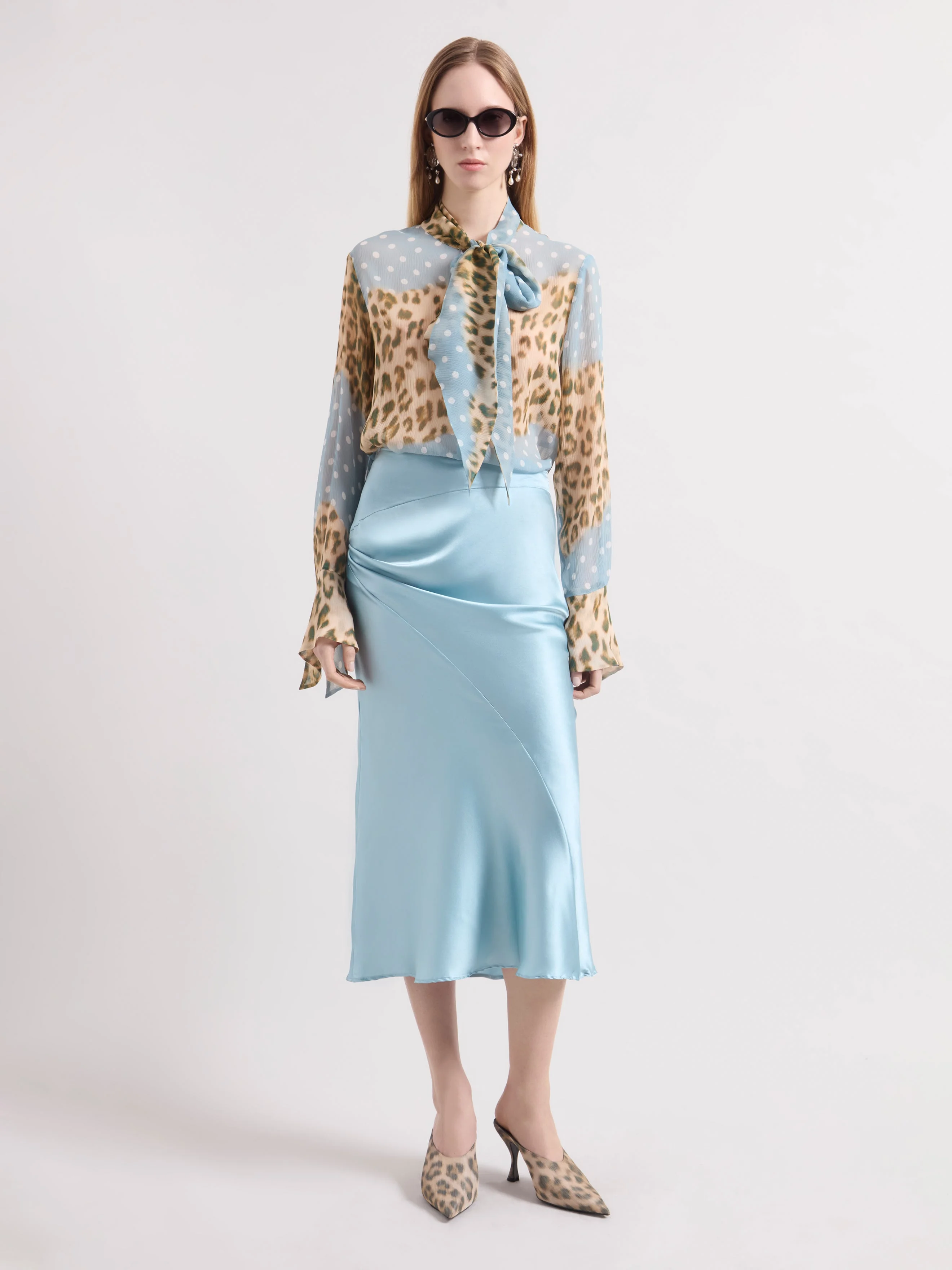 Ice Blue Asymmetrical Satin Skirt - 1