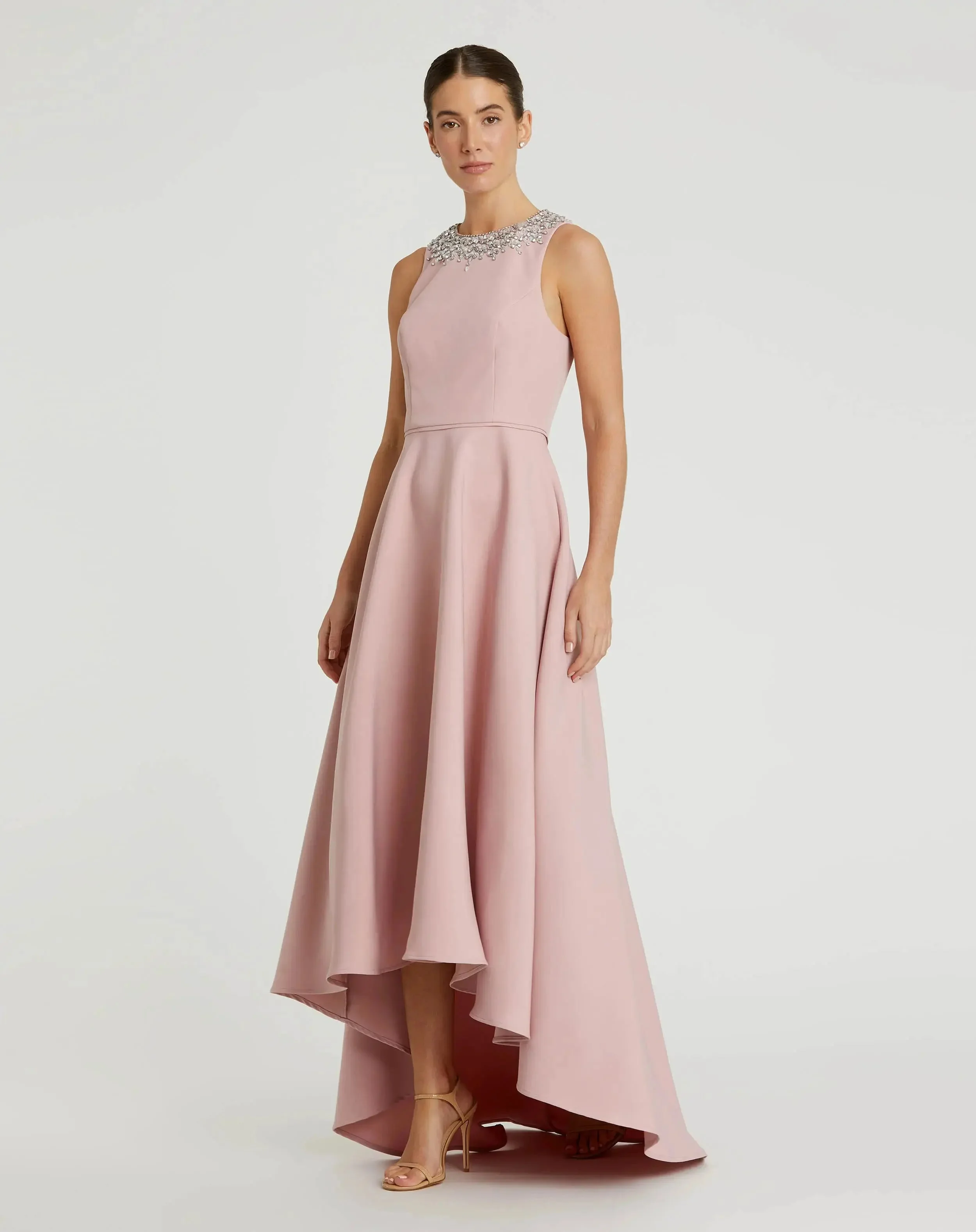 Blush Crepe Embellished Neck High Low Gown - 1