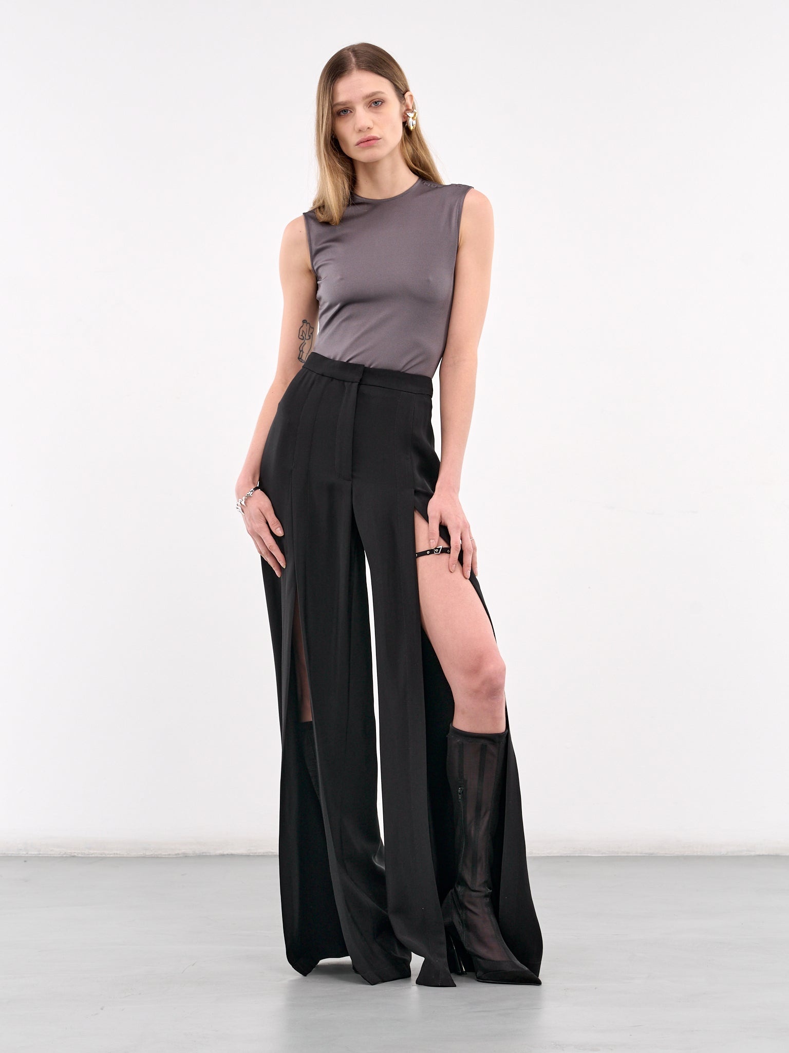 Wide Leg Slit Buckled Trousers - 6