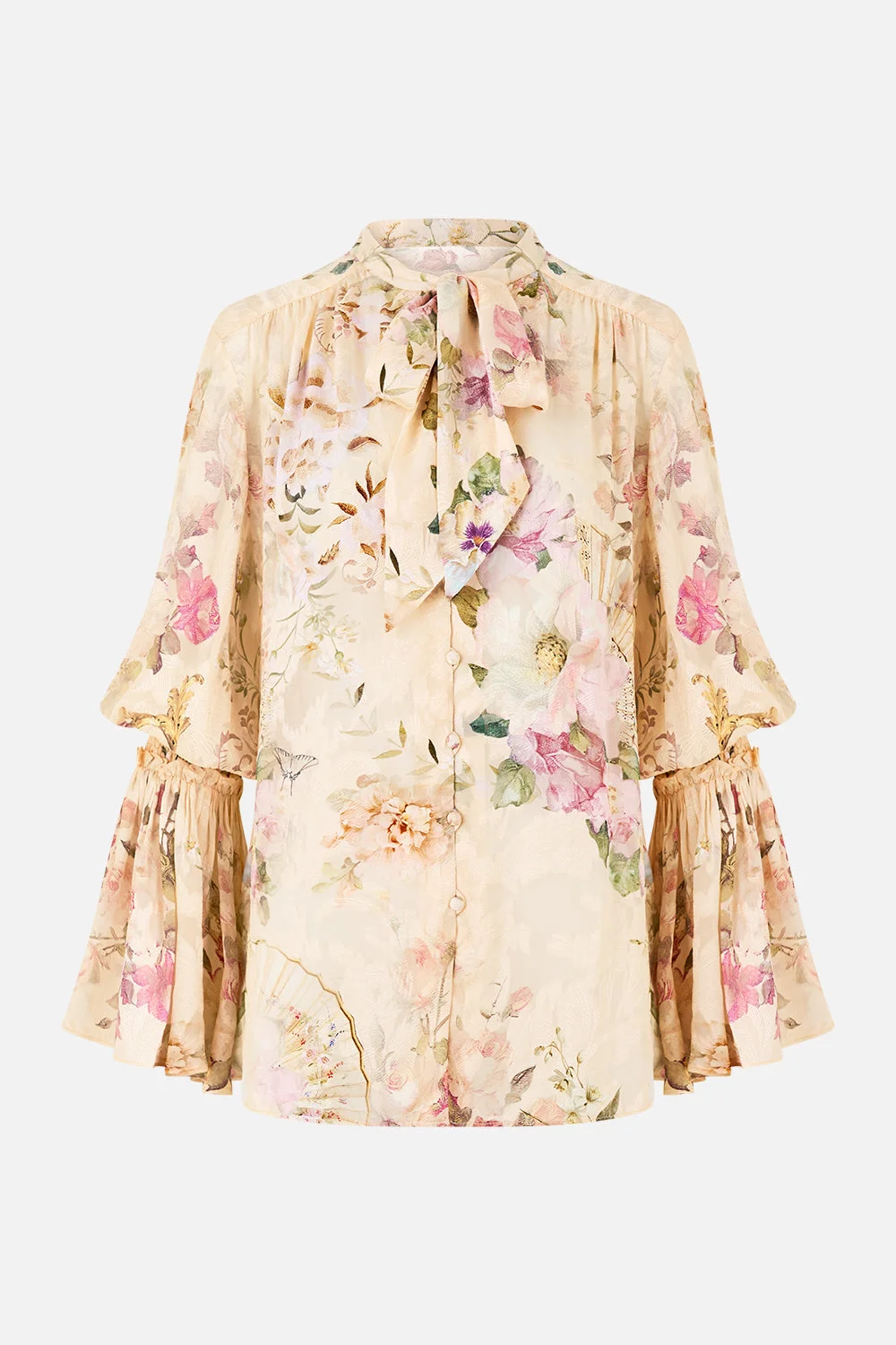 ELASTIC SLEEVE TIE FRONT BLOUSE - 1