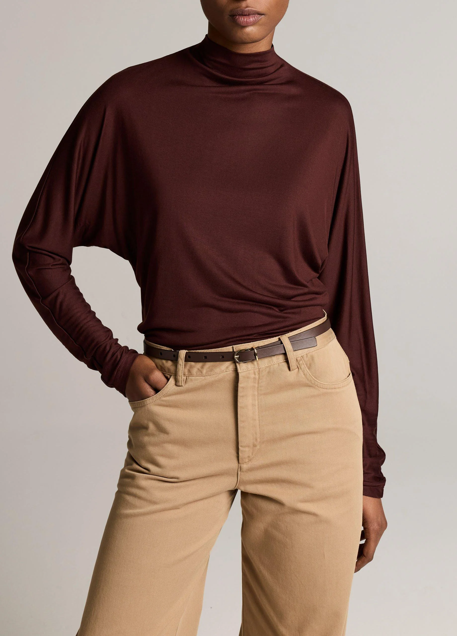 Draped Funnel-Neck Dolman-Sleeve Top - 1