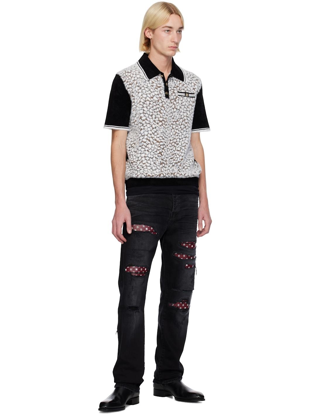 Black Leather Bandana Repaired Slim Jeans - 4
