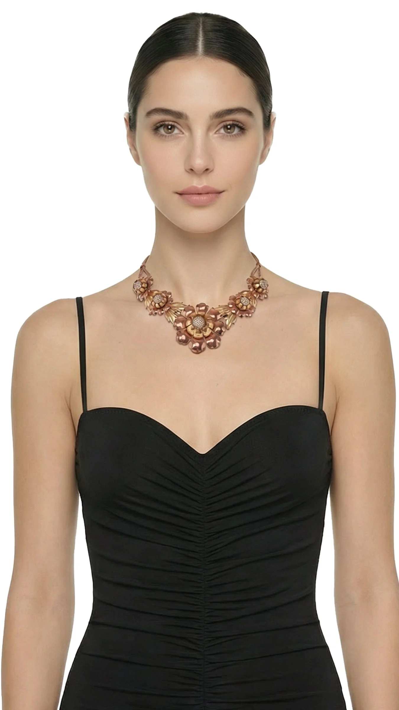 THREE TONED BRASS FLORAL NECKLACE WITH CRYSTAL CENTER - 1