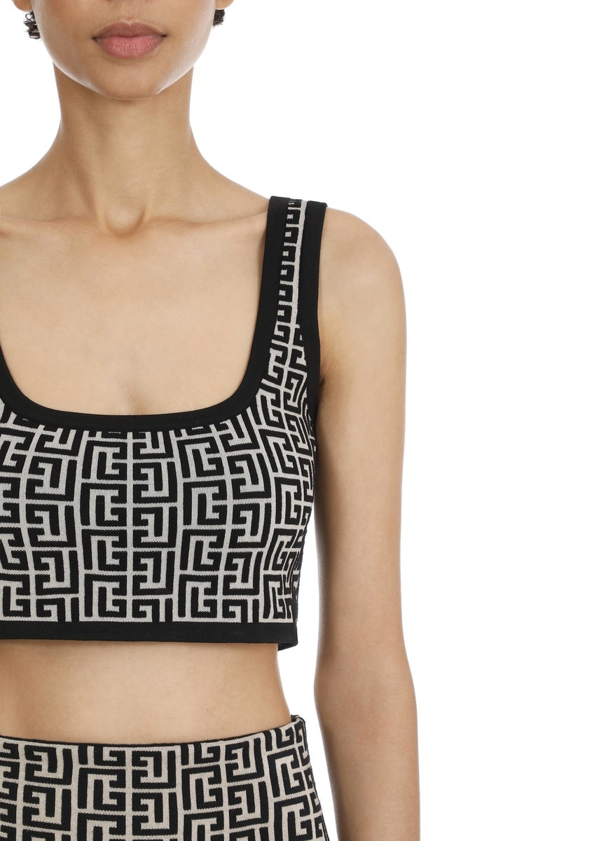 Cropped jacquard sports bra top with monogram - 4