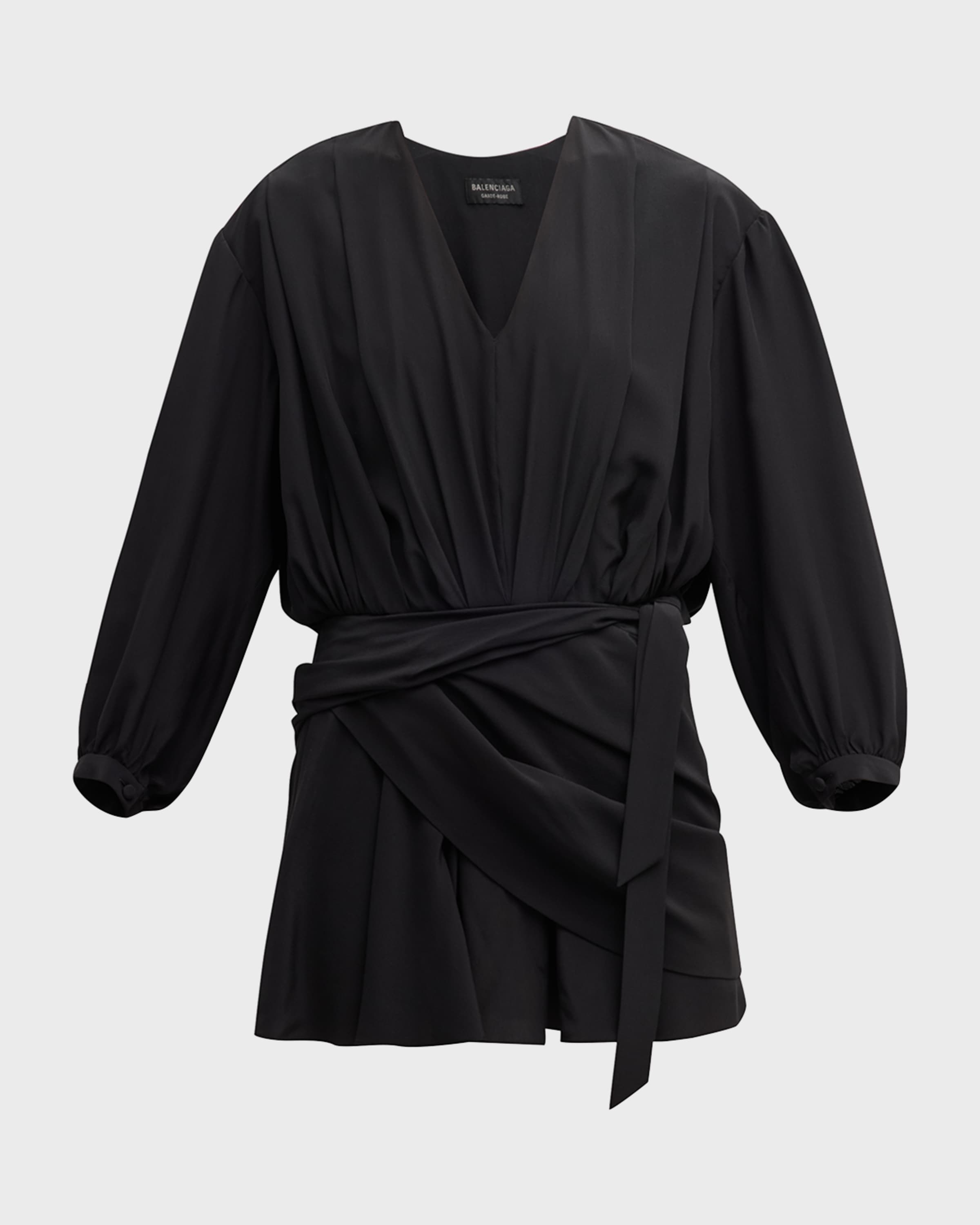 V-Neck Draped Belted Long-Sleeve Silk Crepe Mini Dress - 1