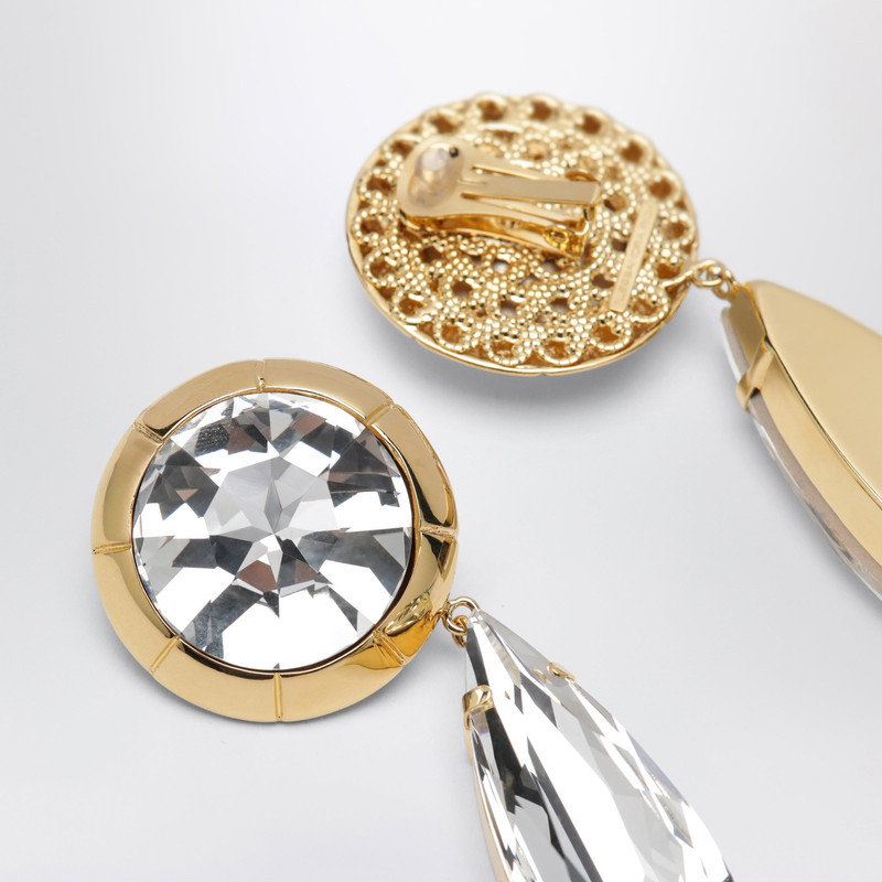Round clip-on gold-tone metal earrings with crystal pendant 3