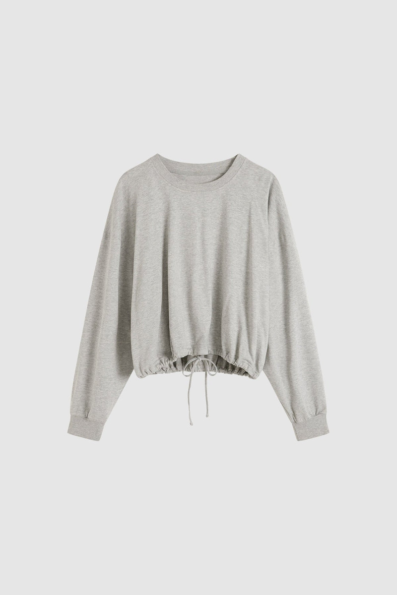 Drawstring Long Sleeve Top - Light Grey Marle 1