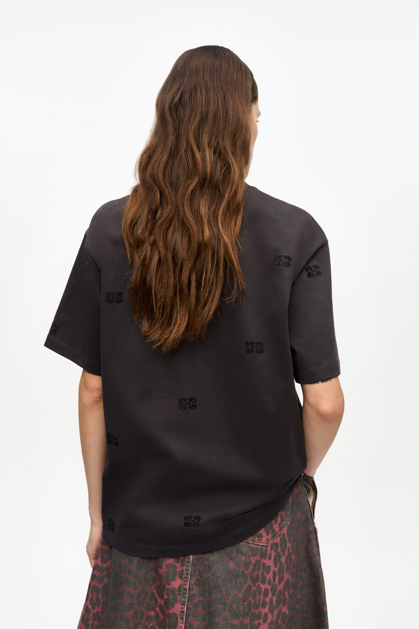 Tシャツ・カットソー Ganni Black Cotton T-Shirt With Rhinestone Embroidery GANNI BLACK COTTON RHINESTONE T-SHIRT | REVERSIBLE