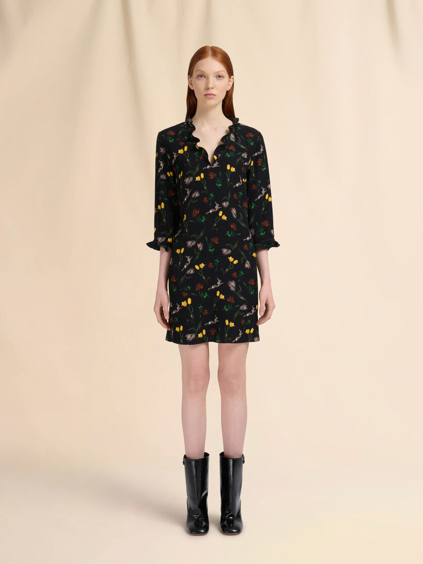 BLACK ENVERS SATIN MINI DRESS WITH TULIPS AND HARES PRINT - 2