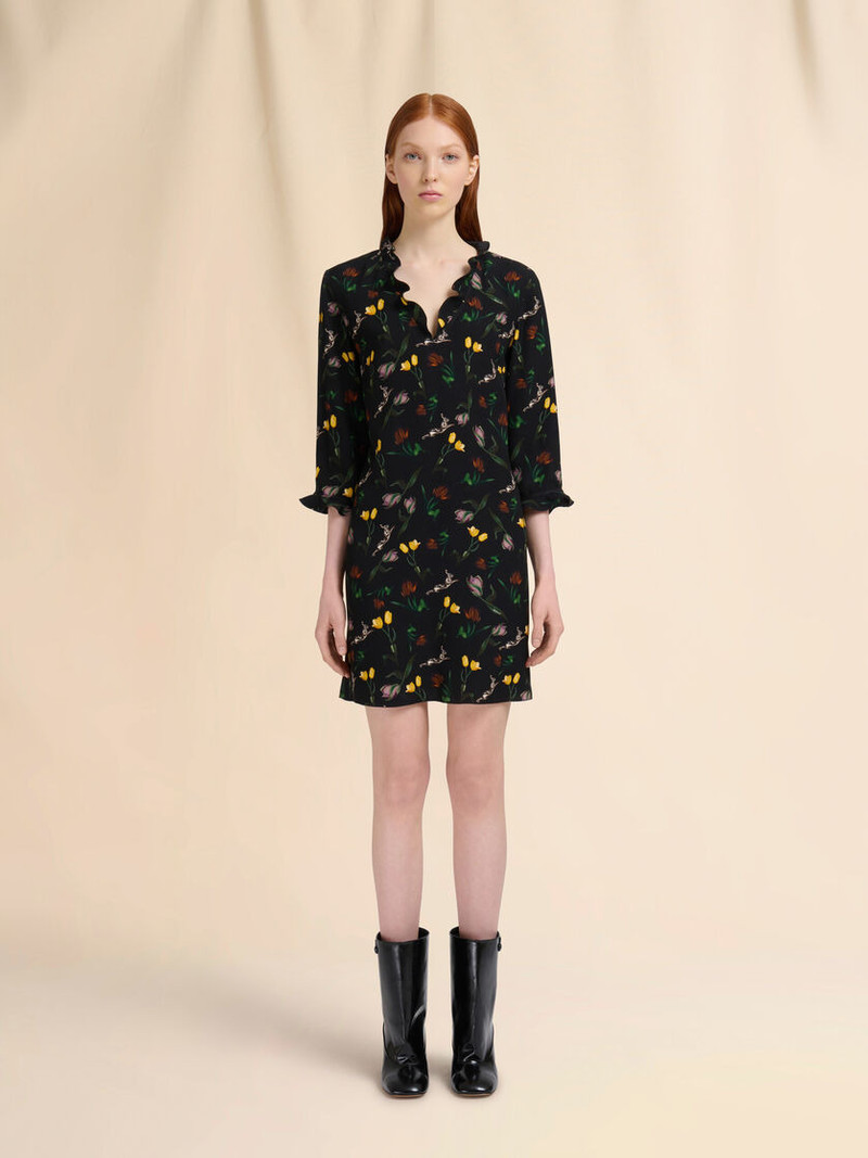 Marni BLACK ENVERS SATIN MINI DRESS WITH TULIPS AND HARES PRINT outlook