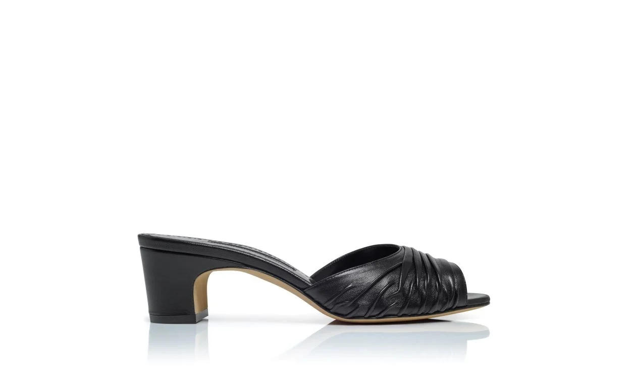 Black Nappa Leather Ruched Open Toe Mules - 1