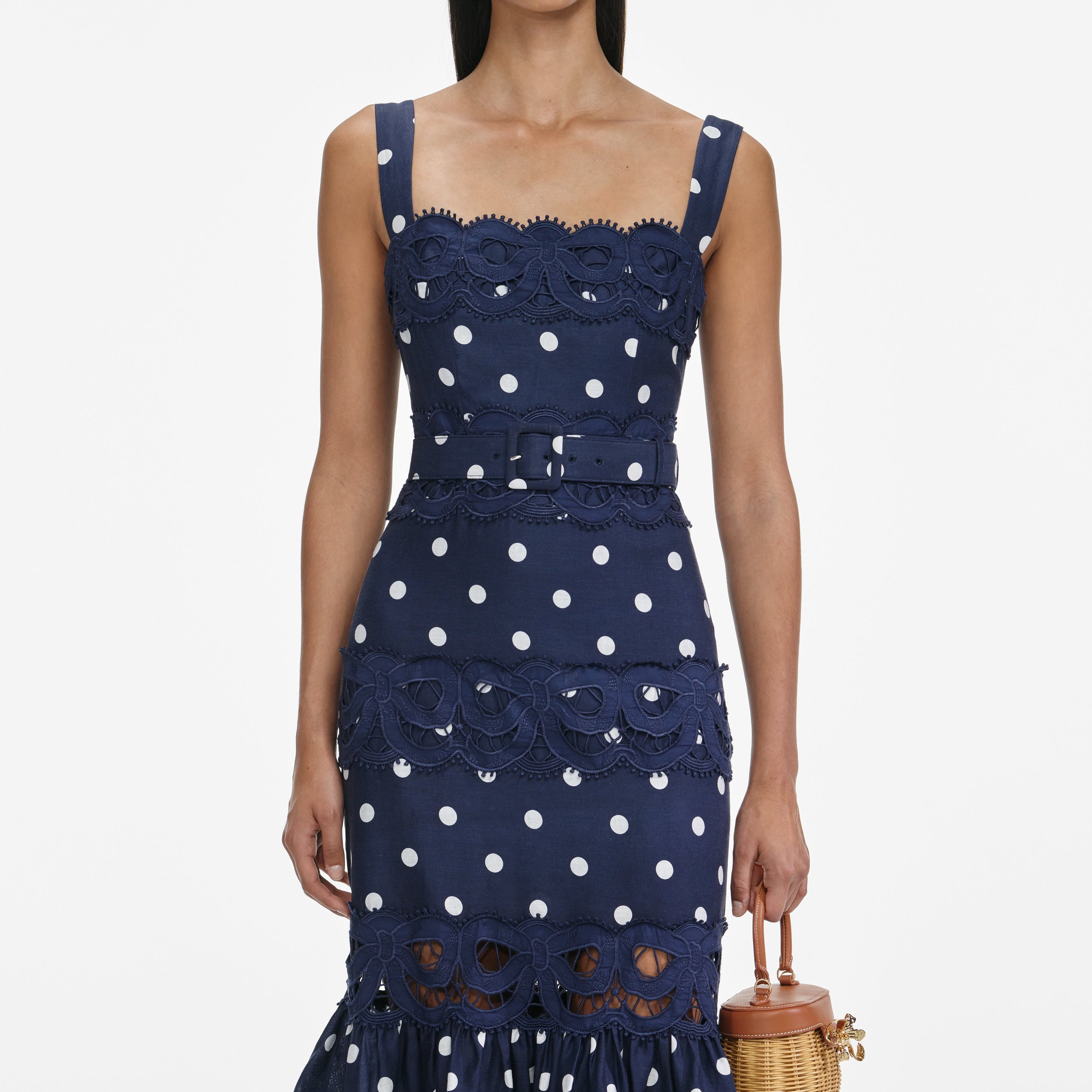 Navy Polka Dot Linen Midi Dress - 4