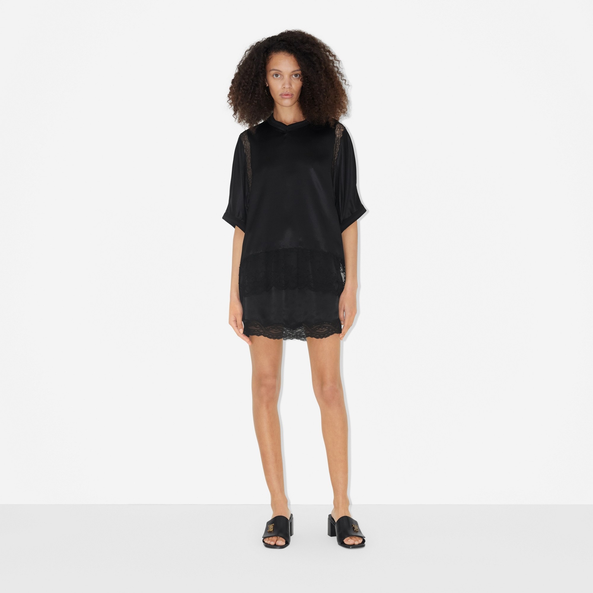 Short-sleeve Lace Panel Silk Satin Top - 2
