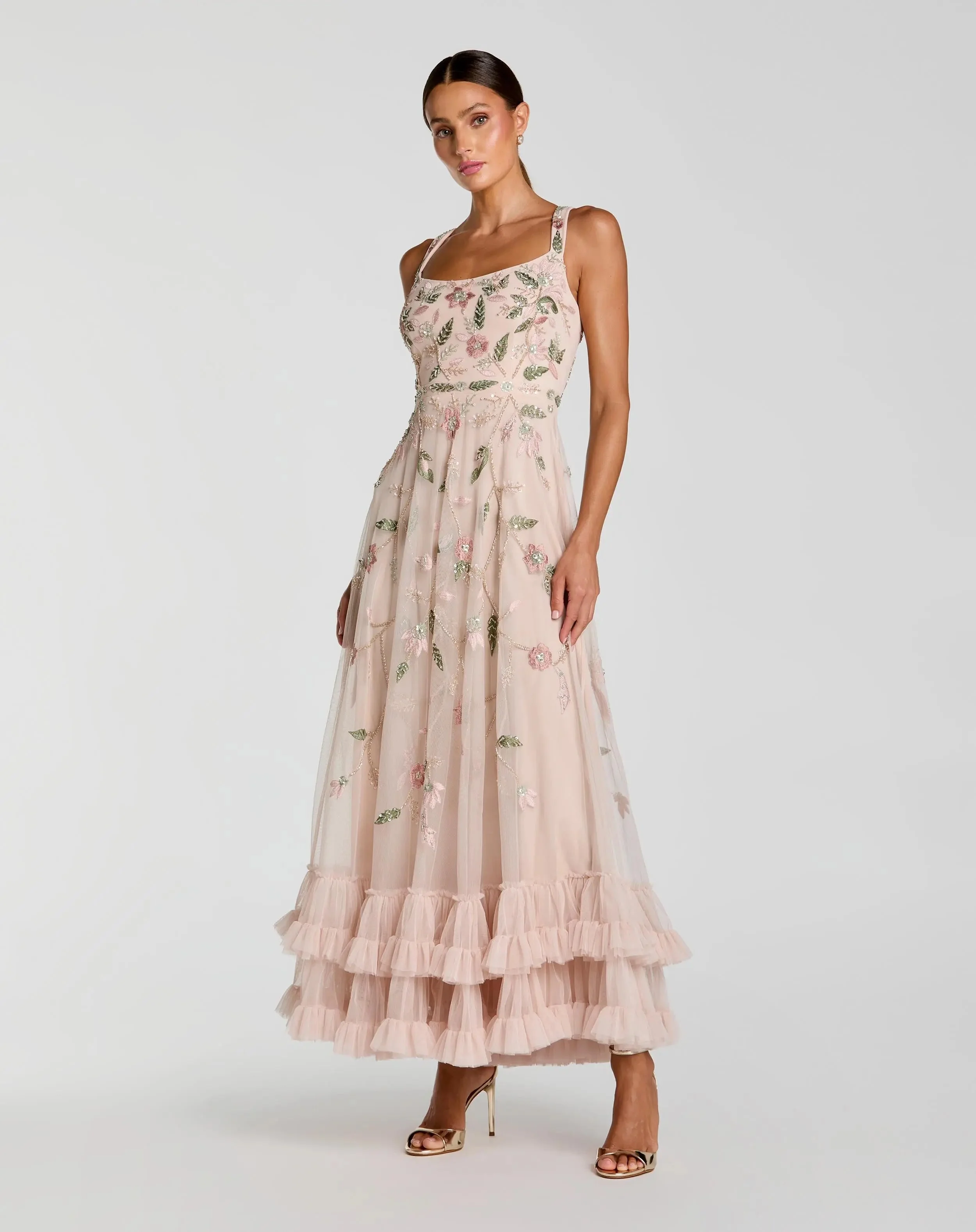 Porcelain Ruffle Midi Dress with Floral Embroidery - 1