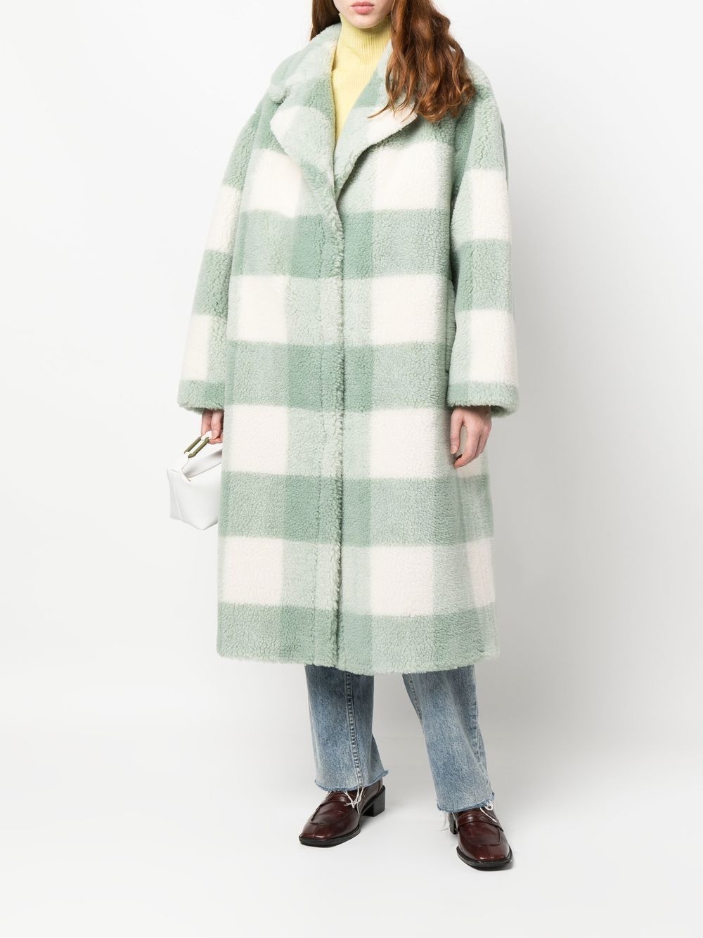 check-pattern single-breasted teddy coat - 2