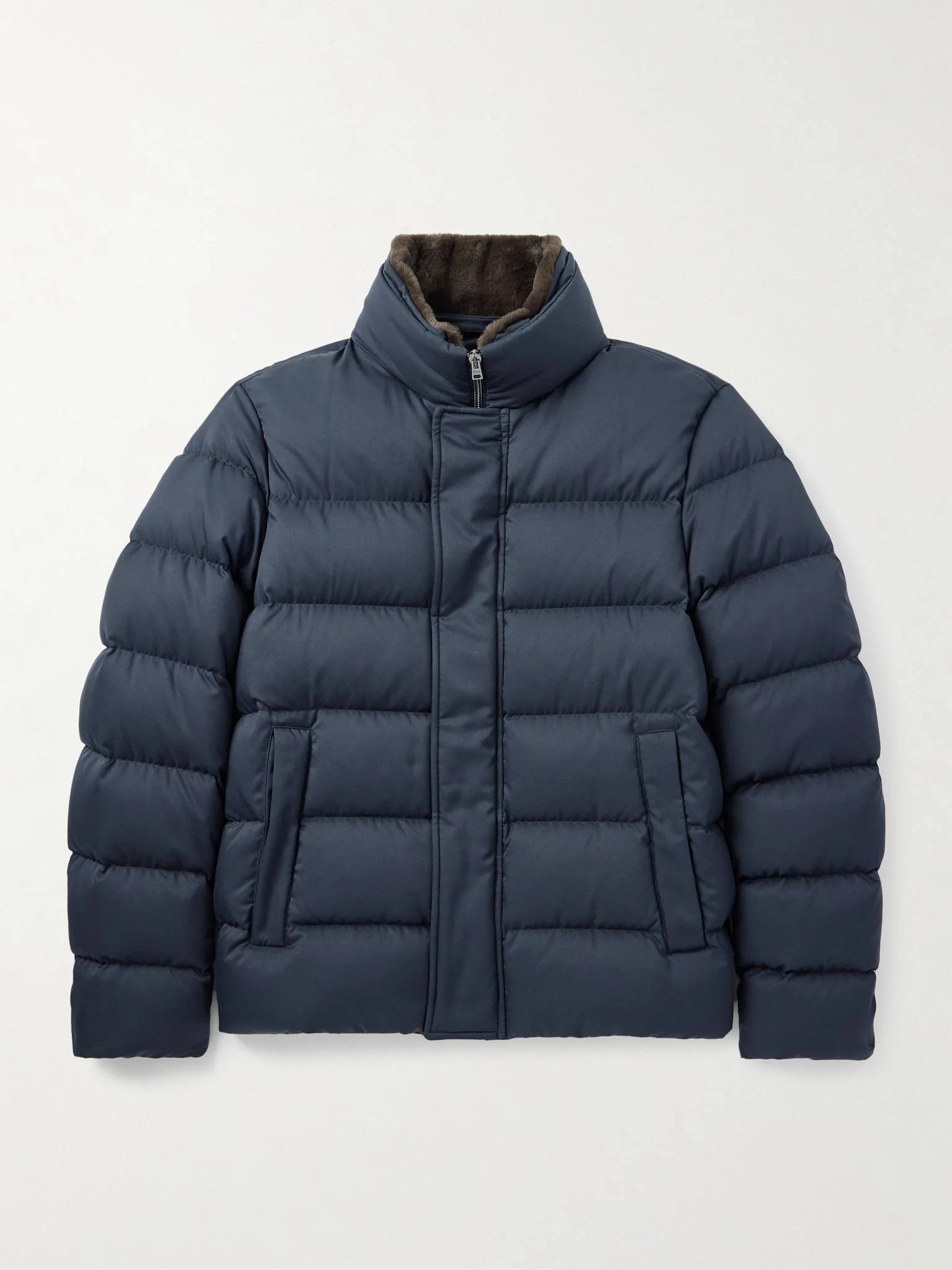 Plush-Trimmed Quilted Twill Down Jacket Navy - 1