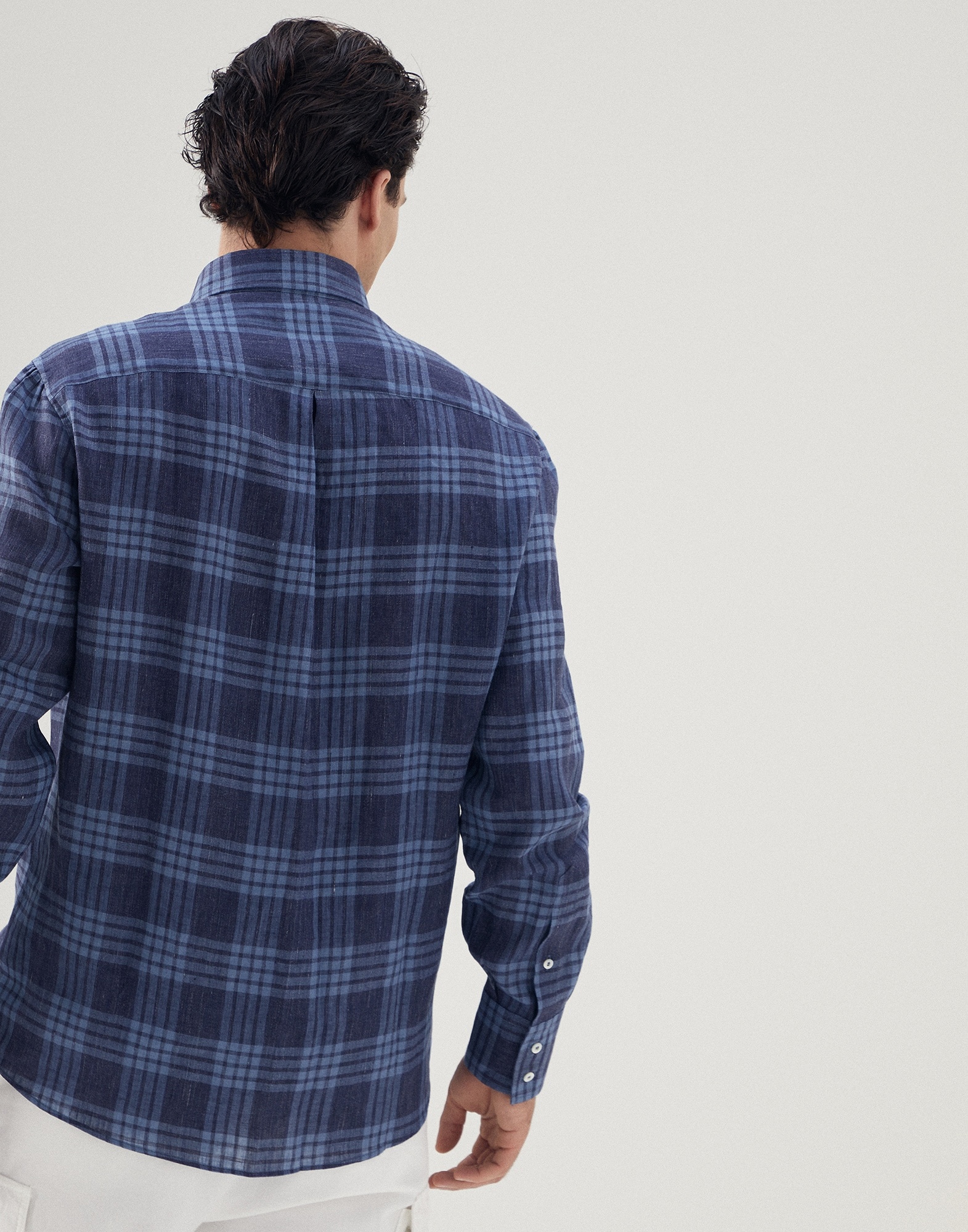 Linen tartan basic fit shirt with button-down collar - 2