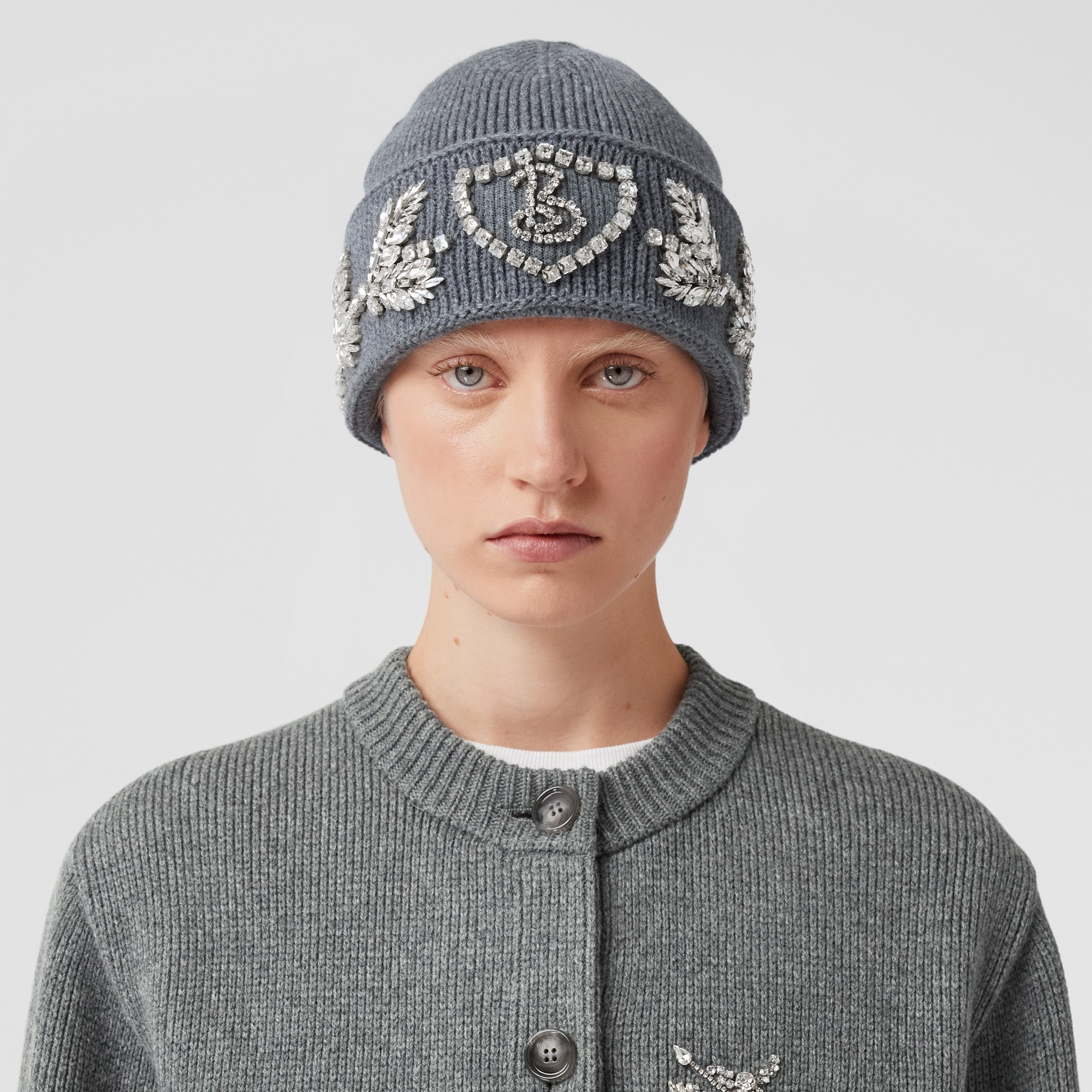 Crystal Oak Leaf Crest Wool Cashmere Beanie - 3