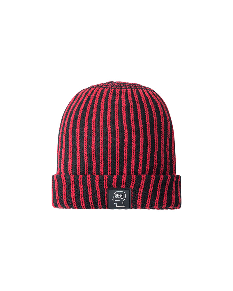 BRAIN DEAD Slam Jam Logo Head PVC Patch Striped Beanie Black outlook