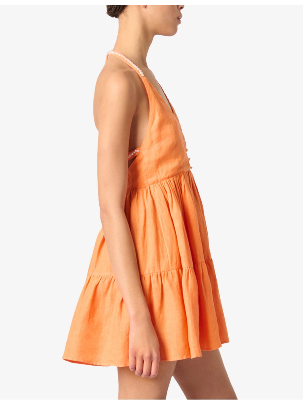 Pearl-Button Ruffle-Skirt Linen Mini Dress - 3