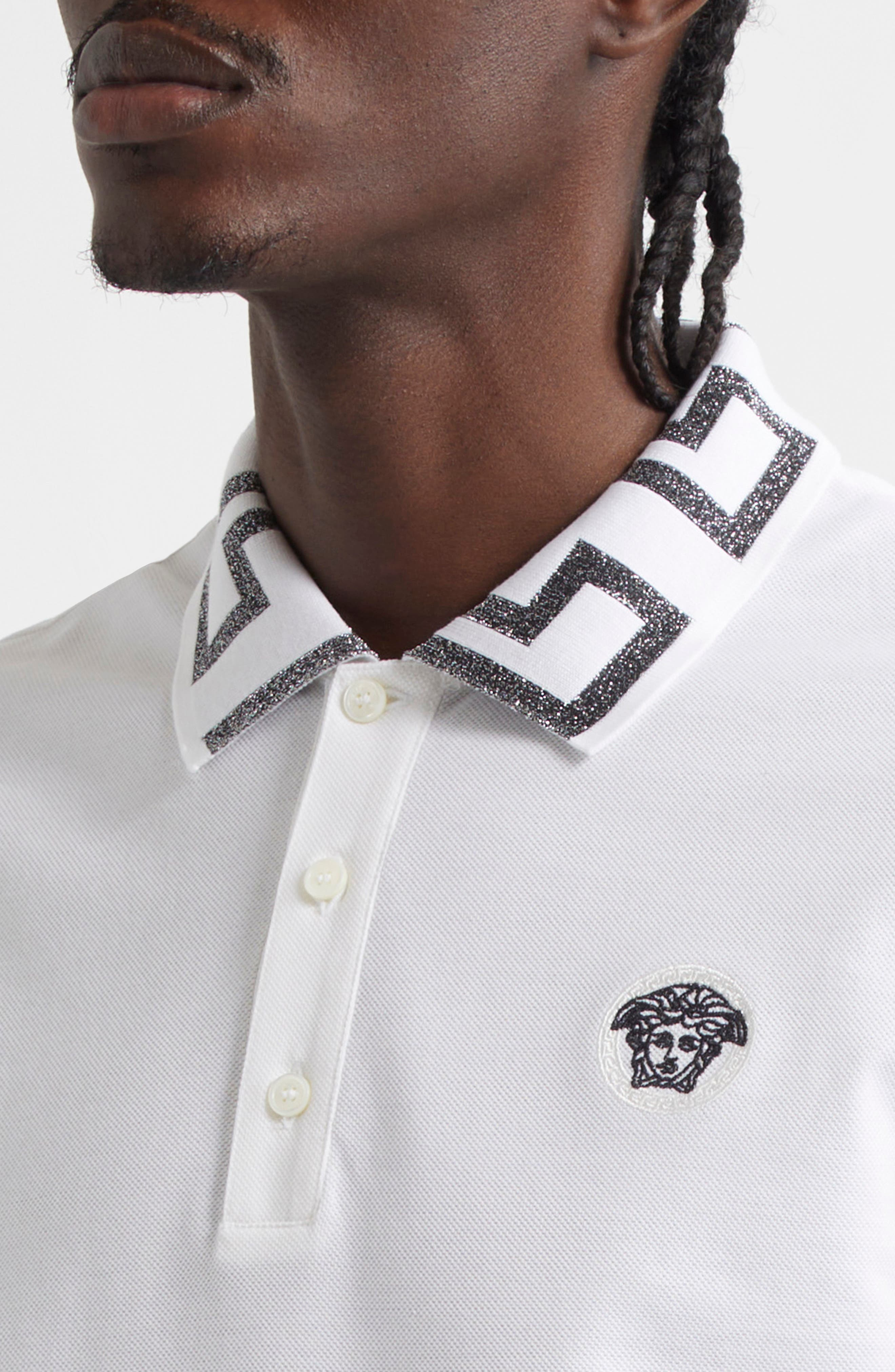 Versace Metallic Greca Collar Piqué Polo in White Antrachite at Nordstrom - 5