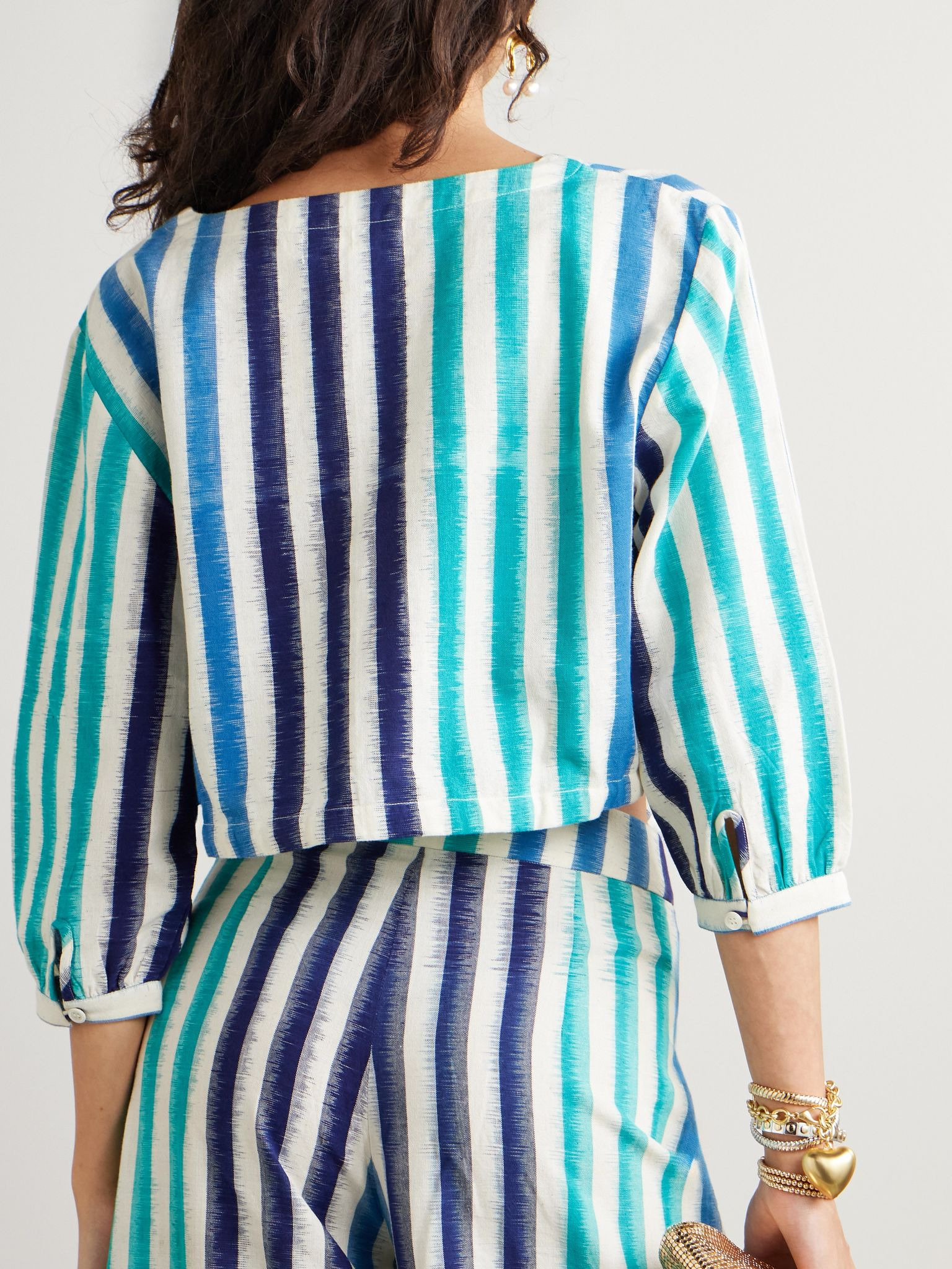 Jinny cropped striped cotton blouse Blue - 3