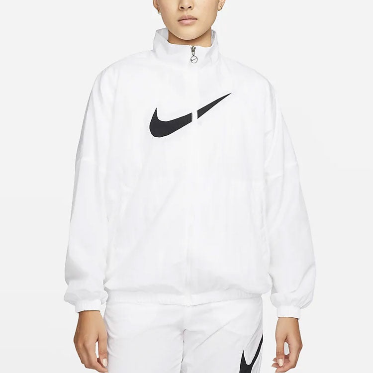 (WMNS) Nike SS22 Sportswear Essential Logo Pattern Wrinkled Woven Loose Stand Collar Jacket White DM - 4
