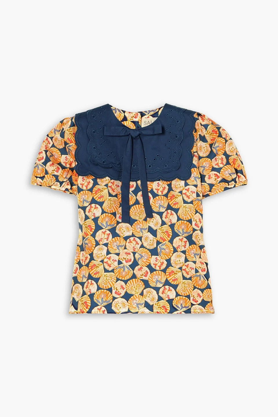 Marlowe bow-detailed printed silk-twill and cotton broderie anglaise top - 1