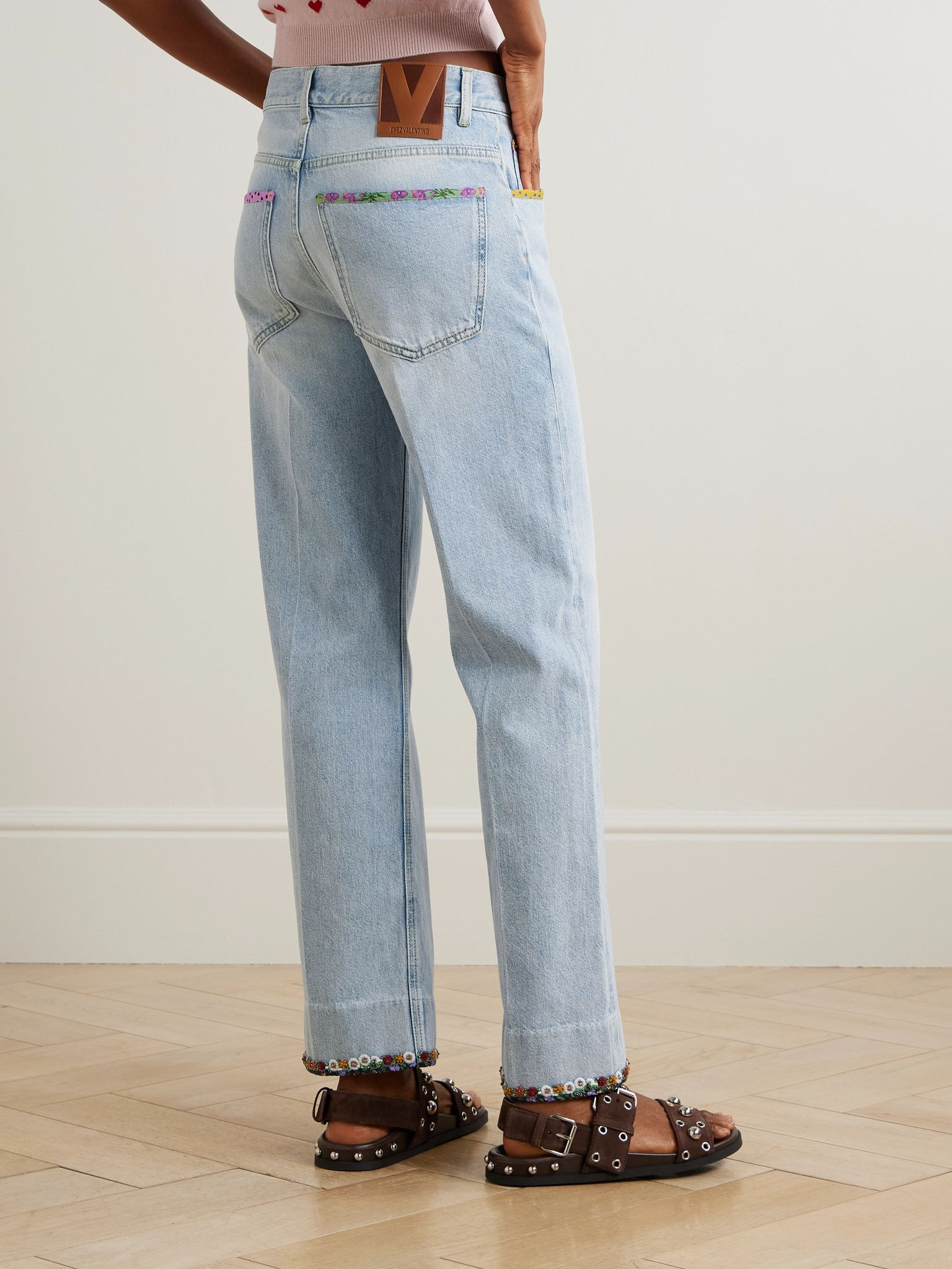 Embellished printed chiffon-trimmed mid-rise straight-leg jeans Light denim - 4