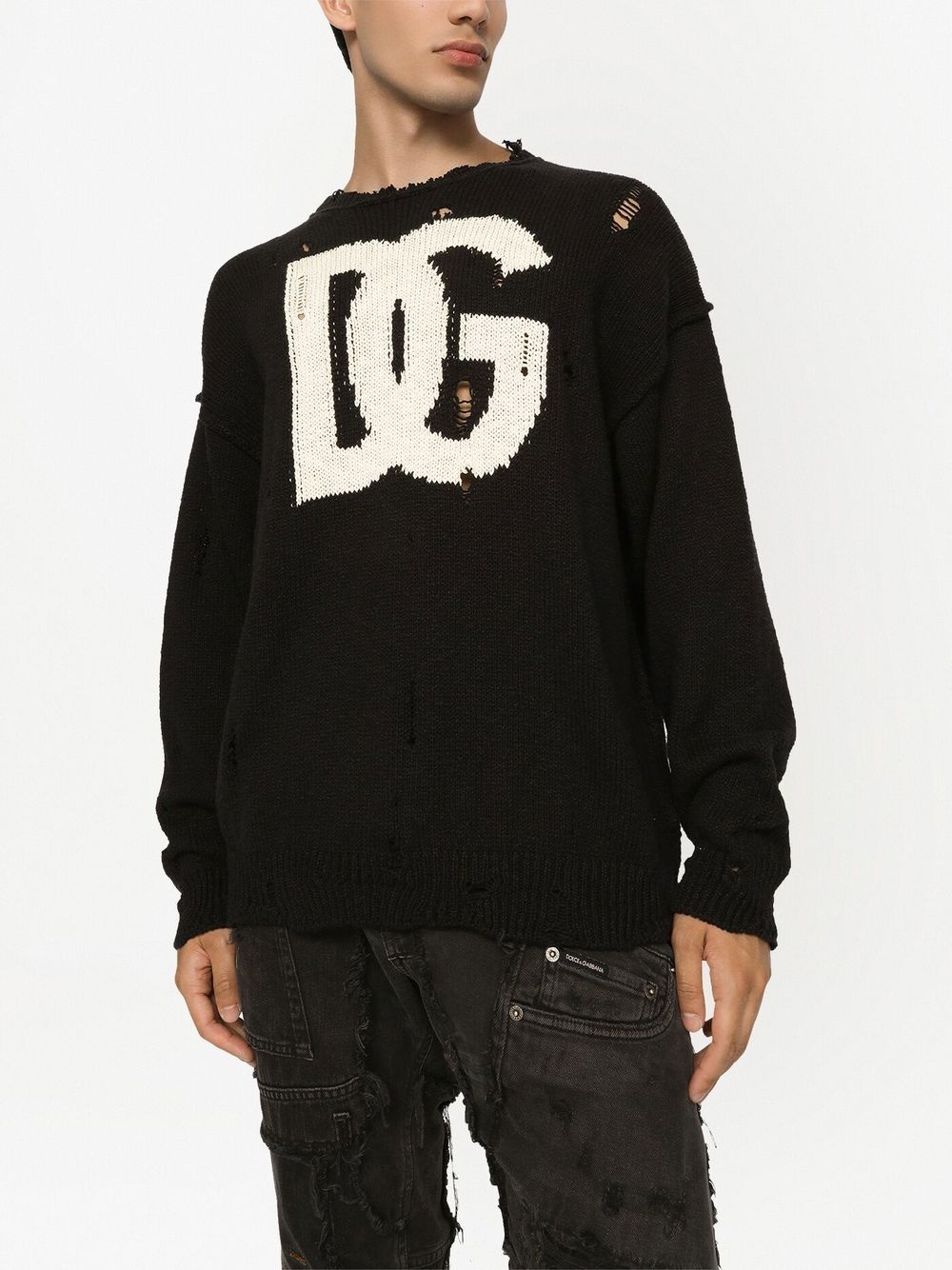 ripped-detail intarsia-knit logo sweater - 5