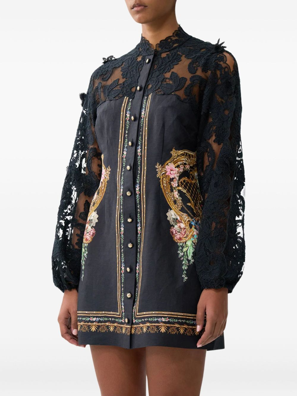 lace-sleeve floral print mini dress - 4