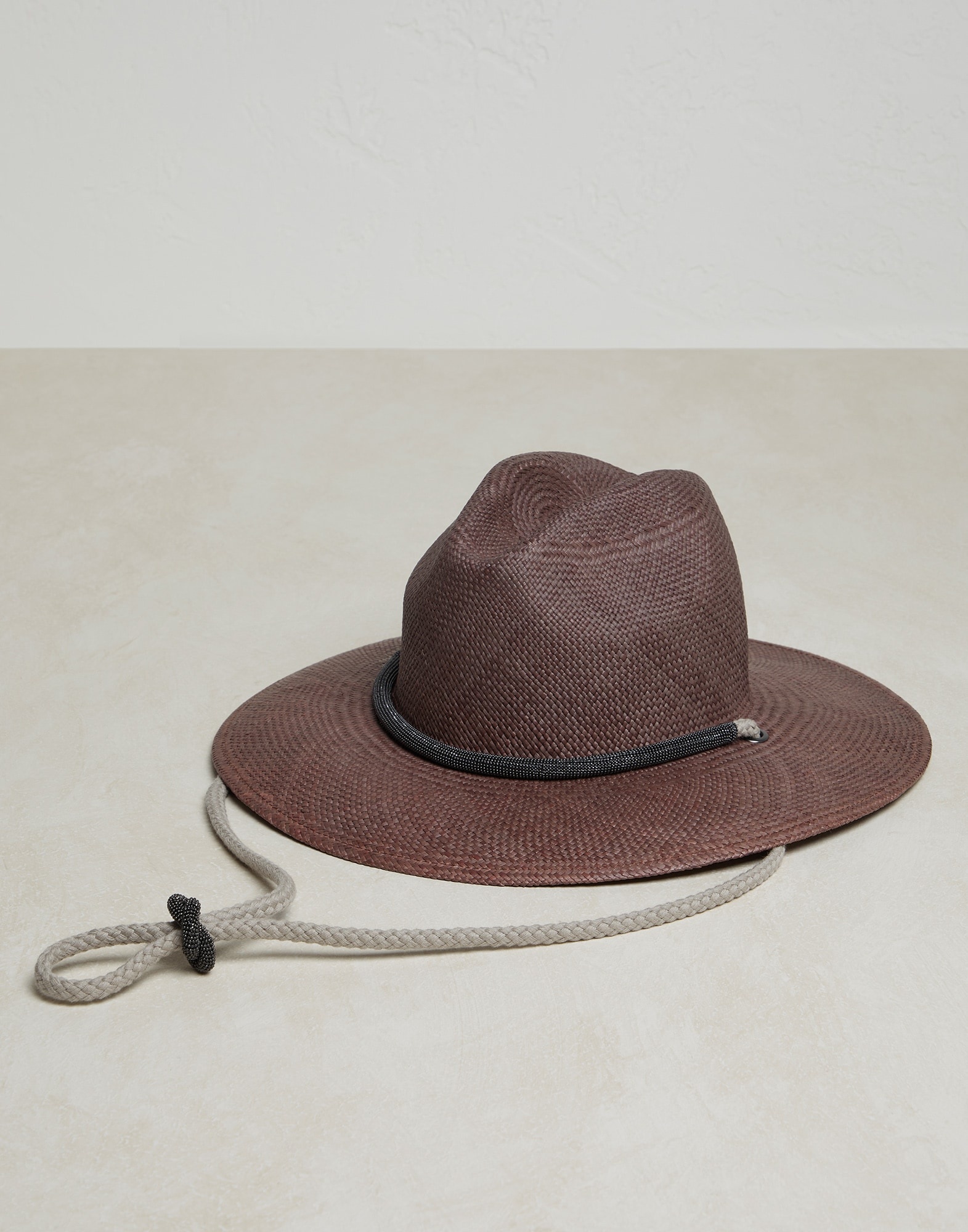 Straw fedora with linen and monili rope string - 1