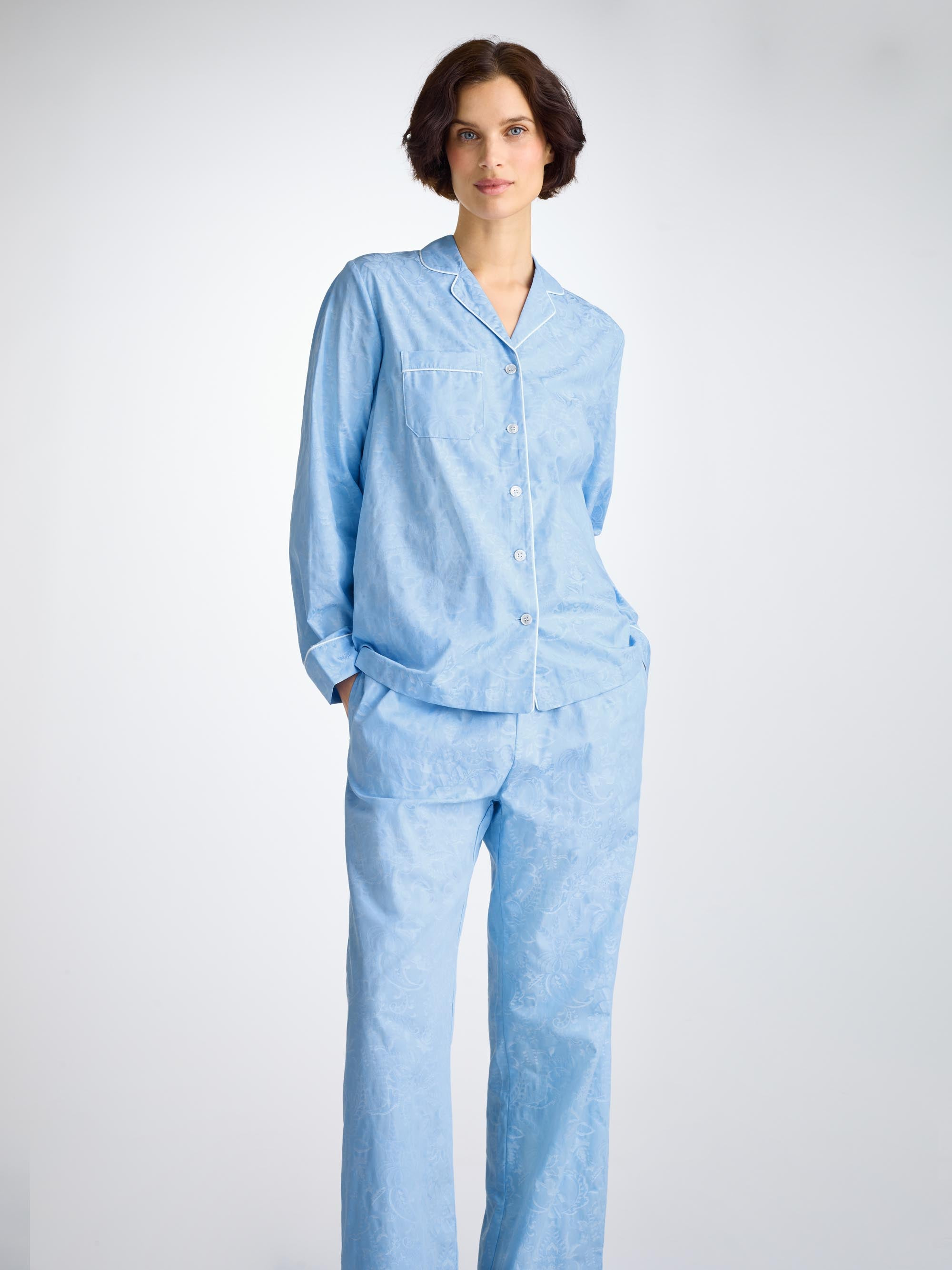 Women's Pajamas Cotton Jacquard Light Blue Jungle Paisley Pattern - 4