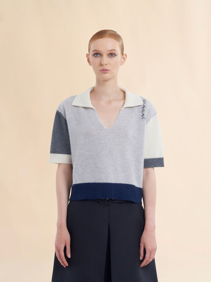 GREY CASHMERE COLOUR BLOCK POLO SHIRT WITH MARNI SYMBOL - 2