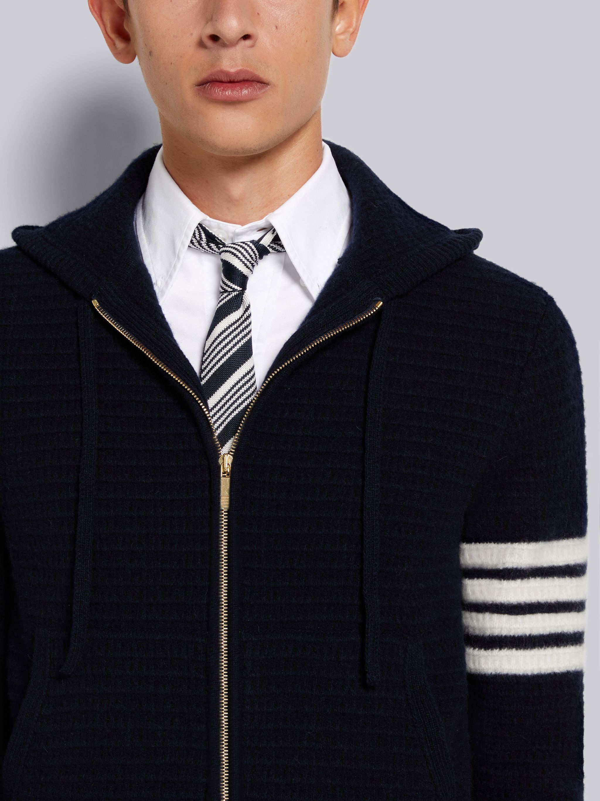 Navy Overwashed Cashmere 4-Bar Zip up Hoodie - 5